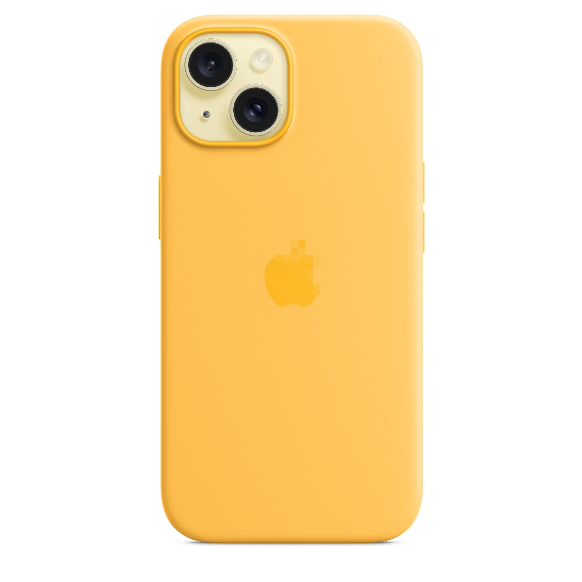Gelbe iPhone-Hülle mit Kameralinsen und Apple-Logo auf weißem Hintergrund.