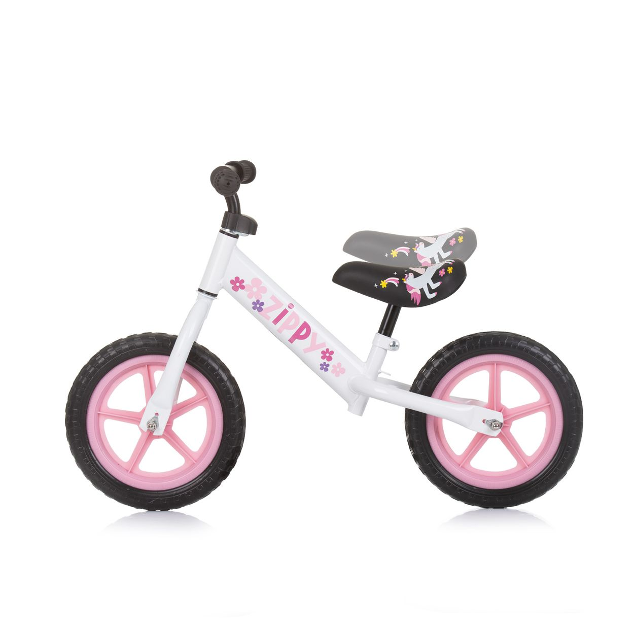 Ein weißes Laufrad mit rosa Rädern, schwarzen Reifen und einem grau-schwarzen Sitz mit Einhorn-Design. Auf dem Fahrrad steht 'Zippy'.
