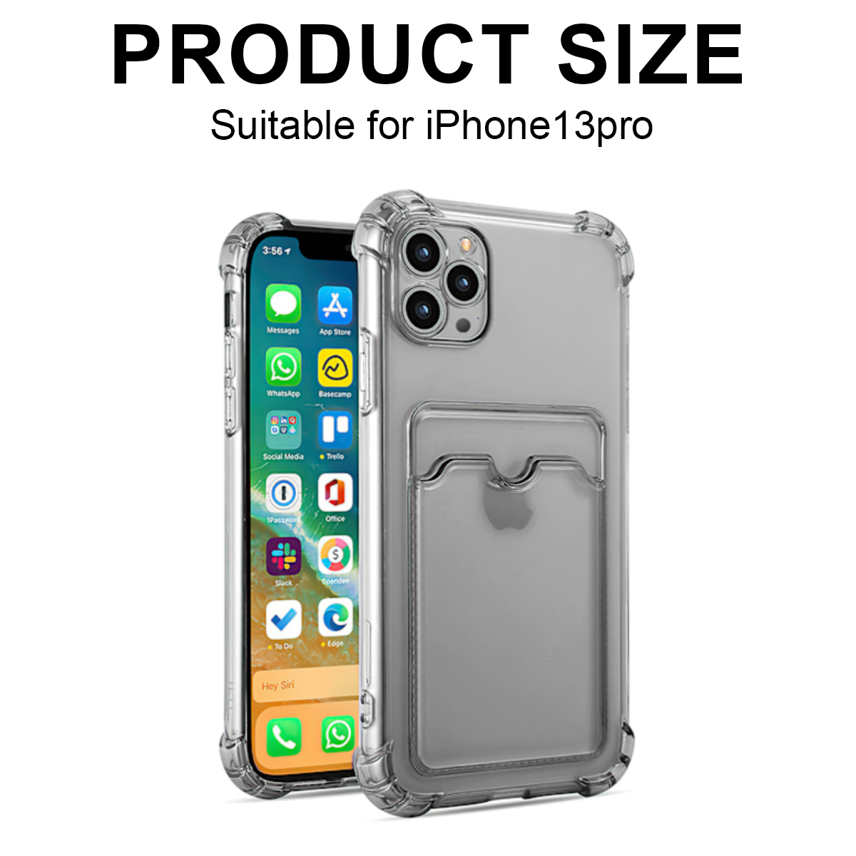 Eine transparente Handyhülle mit Kartenfach und einem iPhone. Das iPhone zeigt App-Symbole. Text: PRODUKTGRÖSSE, Geeignet für iPhone13pro.