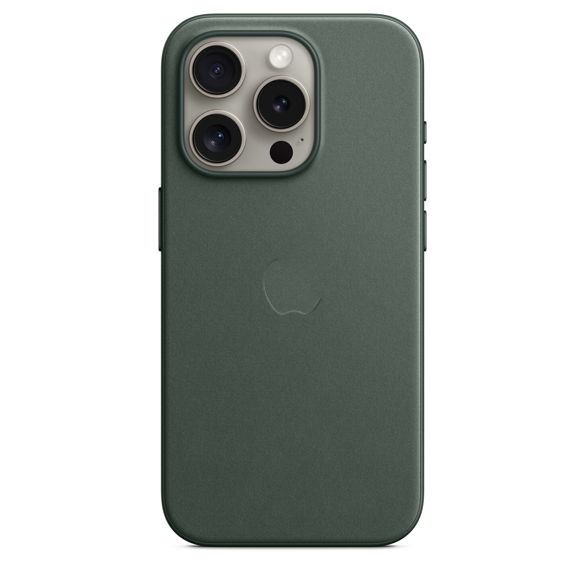 Eine dunkelgrüne Handyhülle. Sie hat einen Kamerabuckel mit drei Objektiven und einem Blitz. Auf der Rückseite befindet sich ein Apple-Logo.