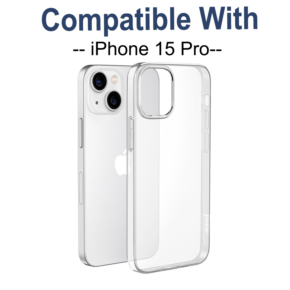 Ein iPhone 15 Pro mit einer durchsichtigen Hülle. Das Telefon ist silberfarben mit schwarzen Kameralinsen. Text oben: 'Kompatibel mit'.