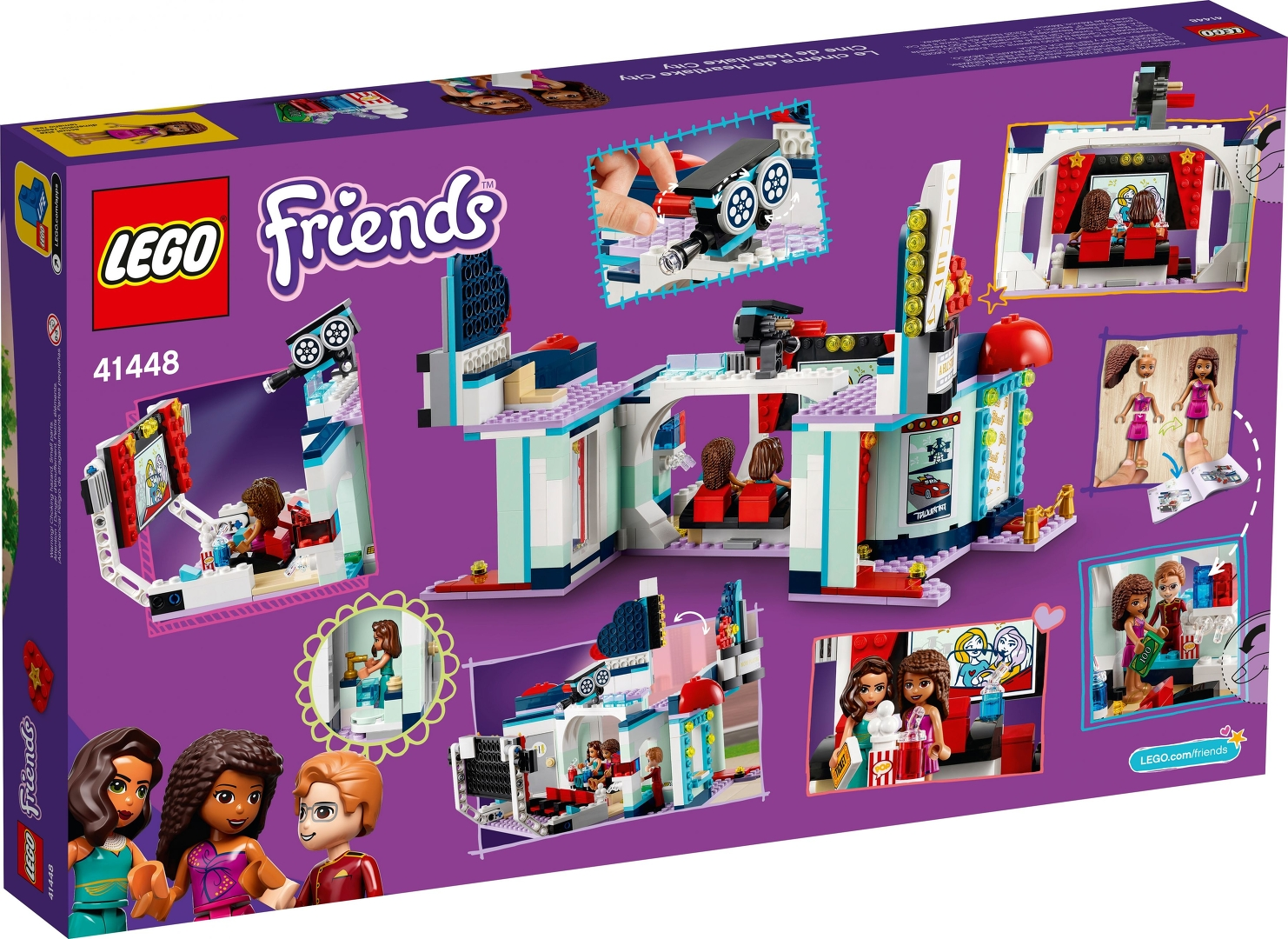 Lego Friends Set-Box. Sie zeigt ein Kino mit Menschen, Popcorn und Lego-Figuren auf lila Hintergrund.