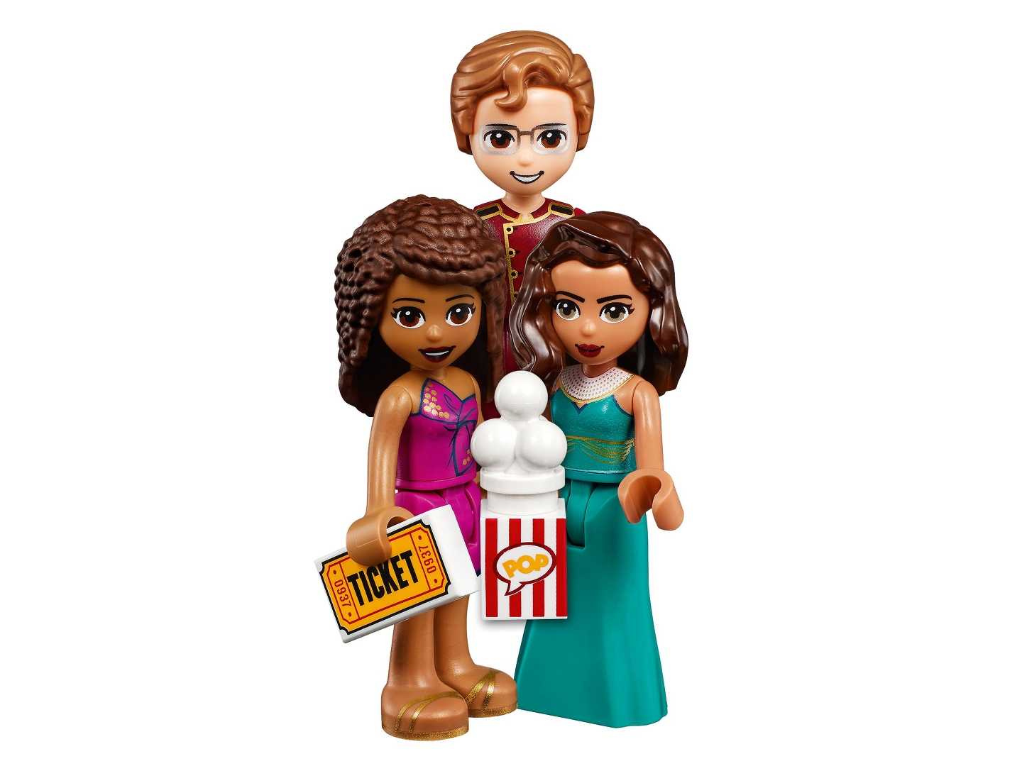 Drei Lego-Figuren: ein Mann im roten Anzug und zwei Frauen, eine im rosa Kleid und die andere im grünen Kleid, halten Popcorn und Ticket.