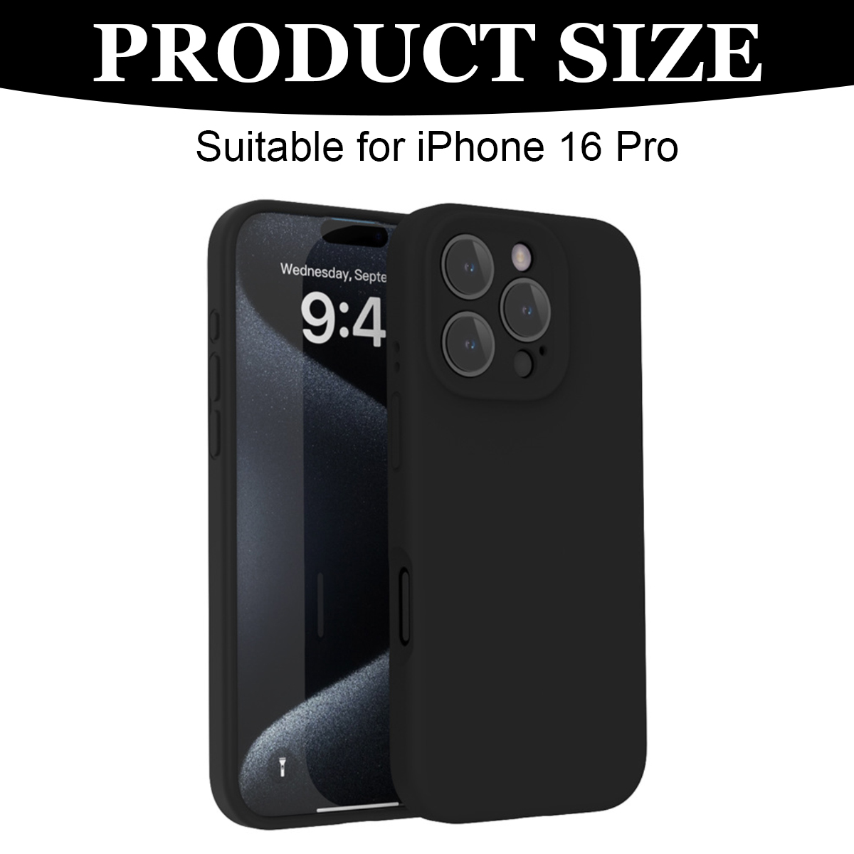 Eine schwarze Handyhülle mit einem iPhone im Inneren, das den Bildschirm mit Uhrzeit und Datum zeigt. Oben steht der Text PRODUKTGRÖSSE.