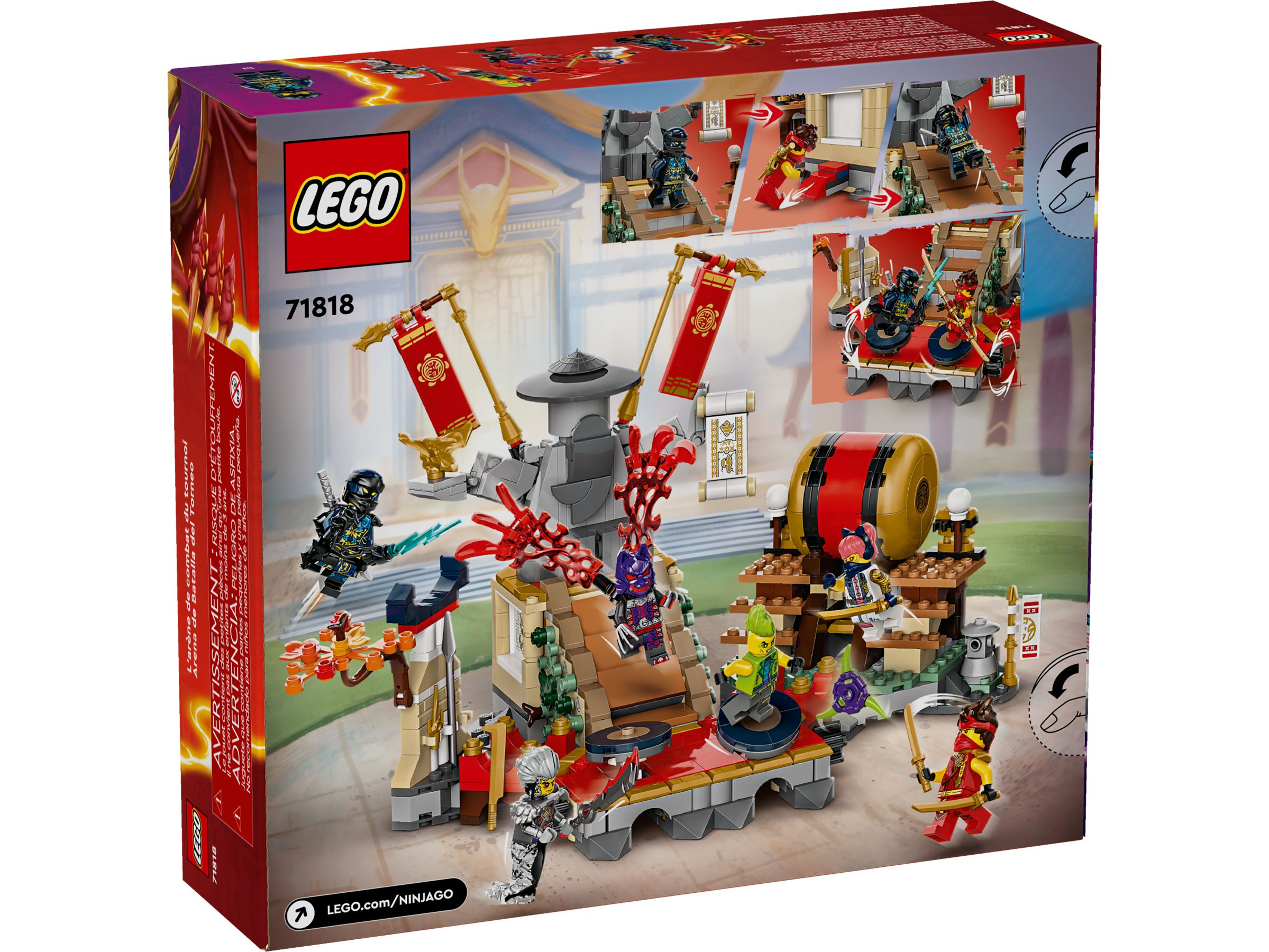 LEGO Ninjago-Box mit Ninja-Figuren. Enthält eine große Struktur, Flaggen und mehrere Charaktere in Action-Posen.