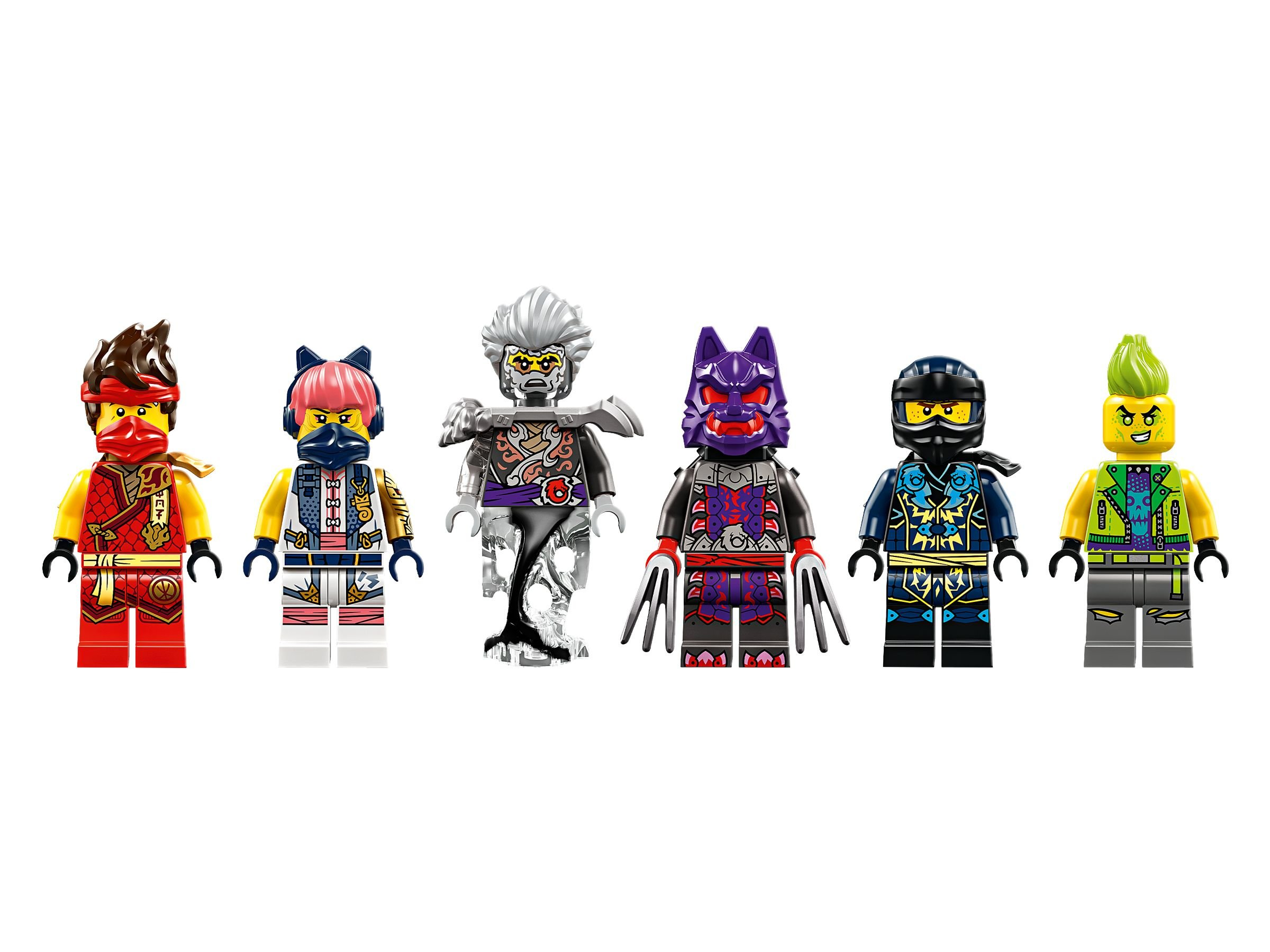 Sechs Lego Ninjago-Minifiguren: rot, rosa, silber, lila, schwarz und grün, jede mit einzigartigen Outfits und Accessoires, auf Weiß stehend.