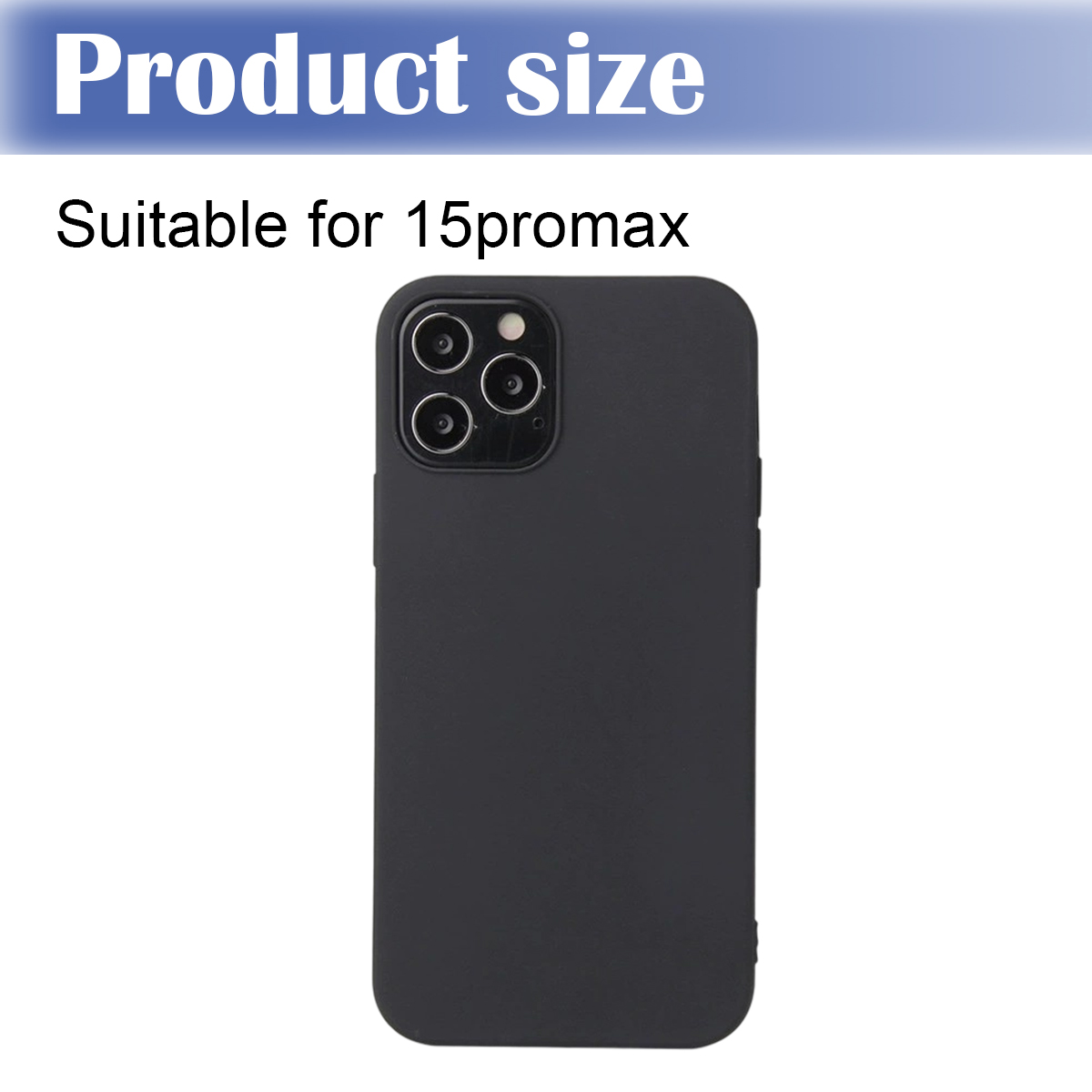 Schwarze Handyhülle für 15promax. Der Text oben lautet 'Produktgröße' und 'Geeignet für 15promax'.