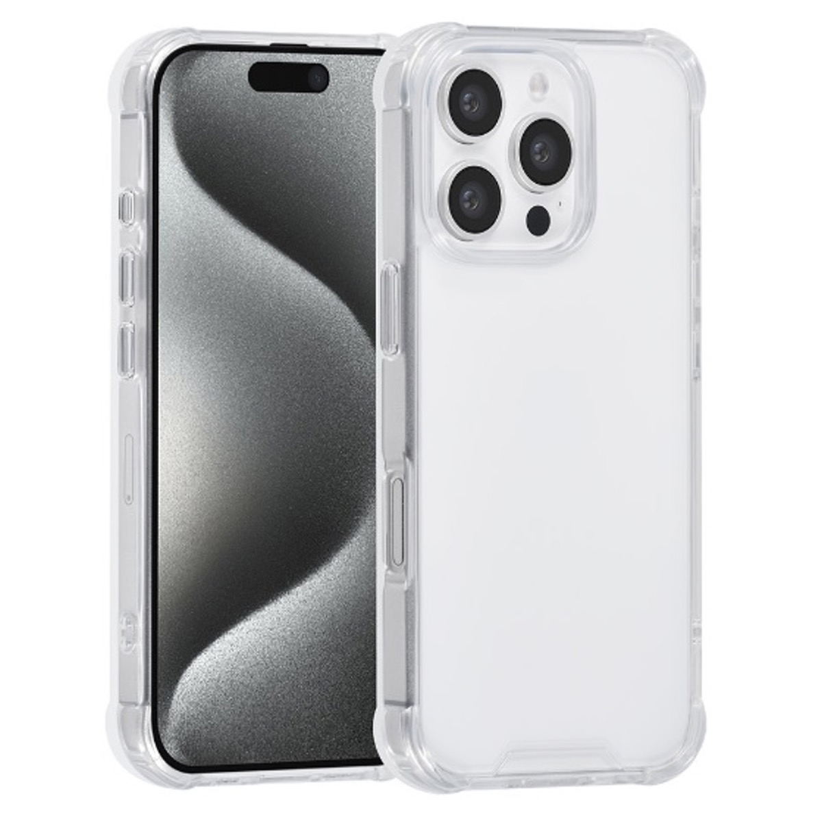 Zwei Smartphones in Schutzhüllen. Eines zeigt den Bildschirm, das andere die Kamera. Beide haben transparente Schutzhüllen.