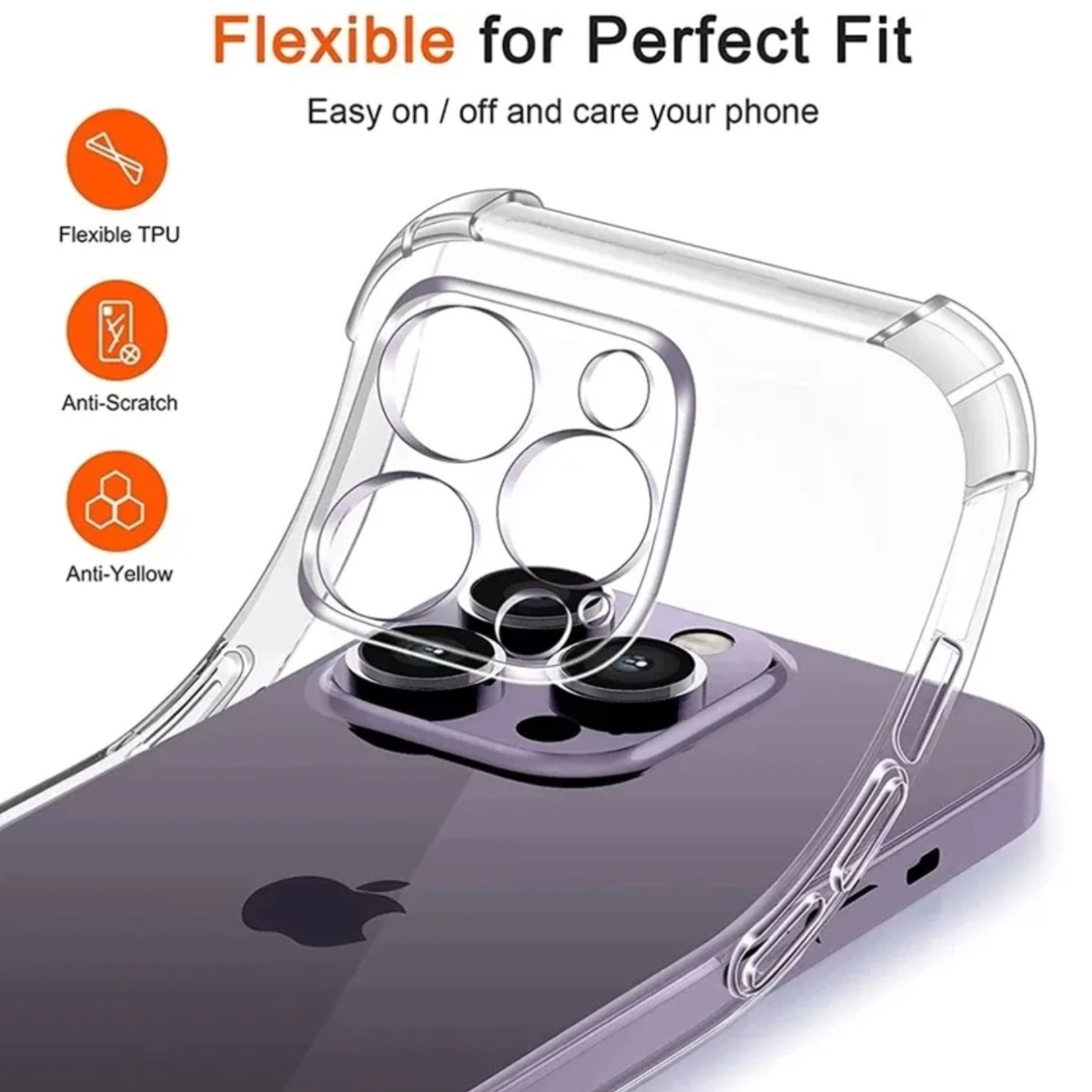 Eine klare Handyhülle liegt auf einem lila Telefon. Die Hülle hat einen Kameraausschnitt. Text oben: 'Flexible for Perfect Fit'.