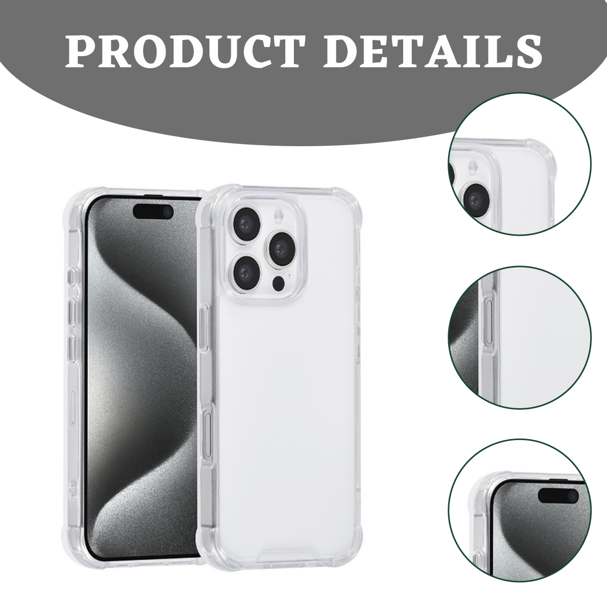 Eine transparente Handyhülle mit einem Telefon darin. Produktdetails werden mit Nahaufnahmen von Funktionen und dem Telefon gezeigt.