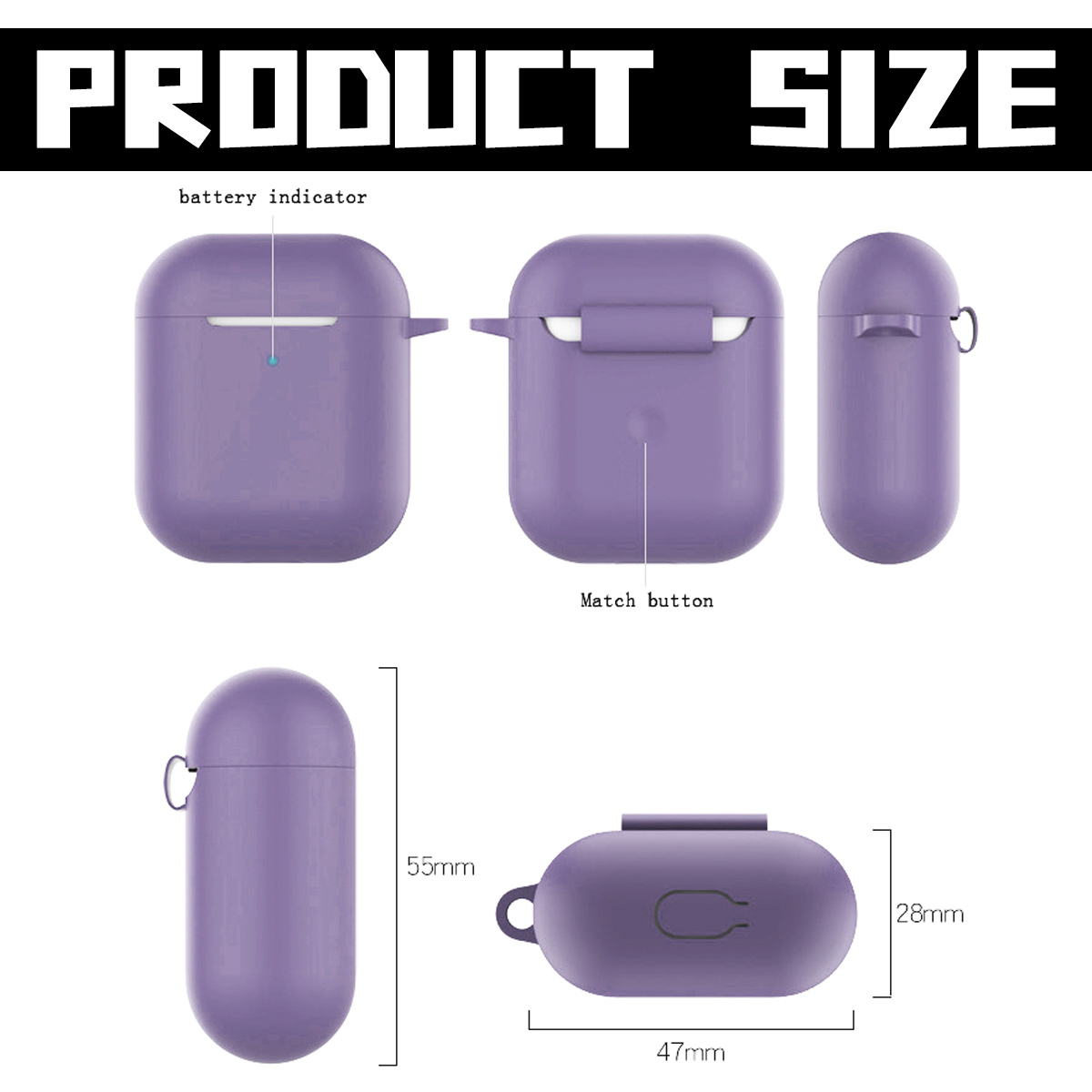 Lila Hülle für Ohrhörer aus verschiedenen Blickwinkeln mit Abmessungen. Der obere Text lautet 'PRODUCT SIZE'.