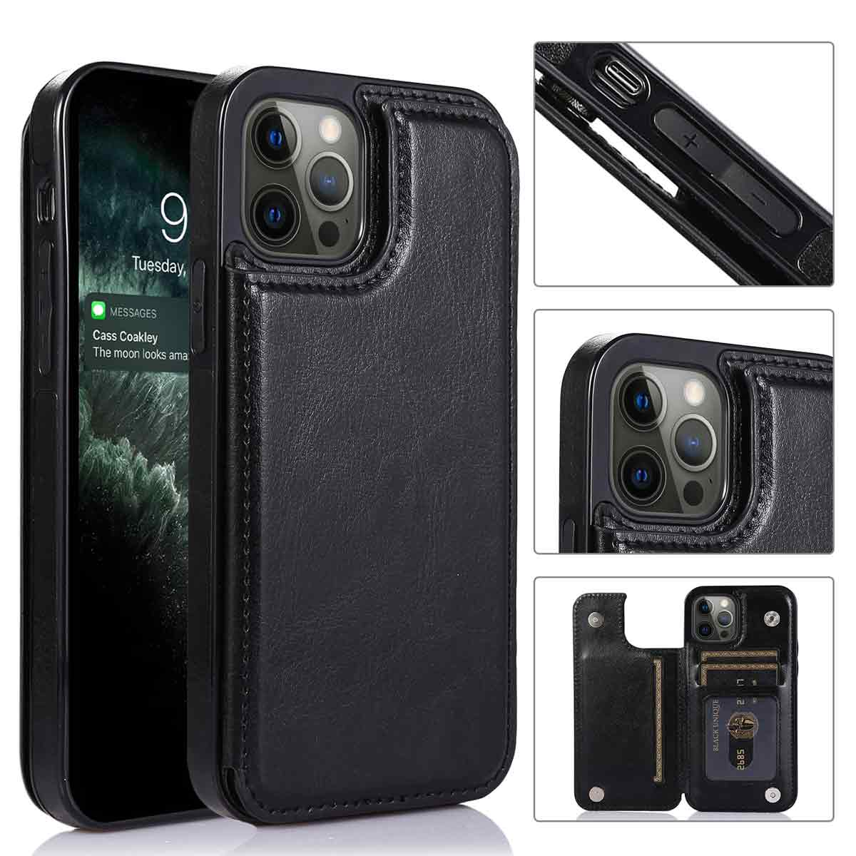 Schwarze Leder-Handyhülle mit Telefon und Kartenhalter. Der Telefonbildschirm zeigt eine Nachricht. Mehrere Ansichten der Hülle.