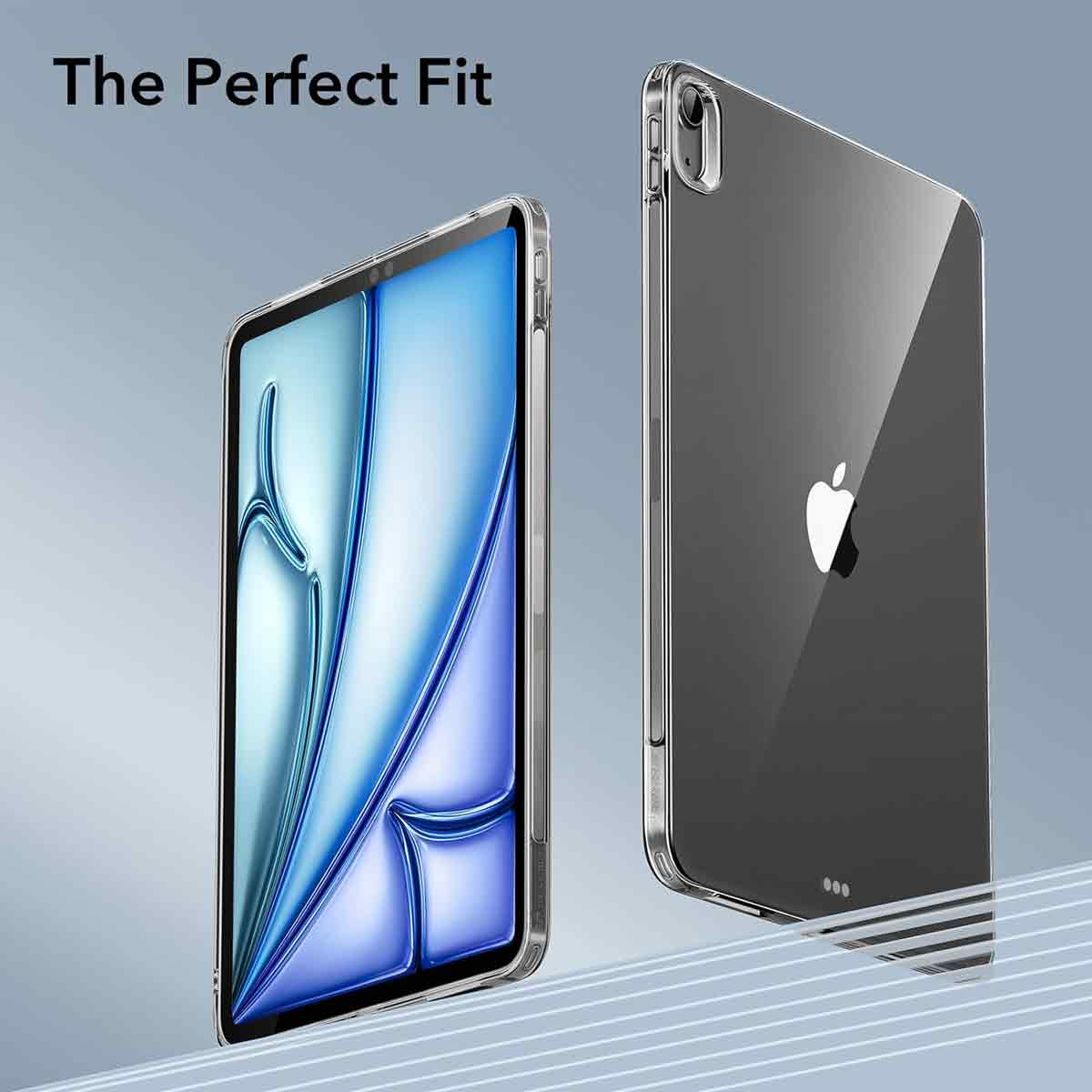 Zwei klare Handyhüllen auf blauem Farbverlaufshintergrund, mit dem Text 'The Perfect Fit' oben.