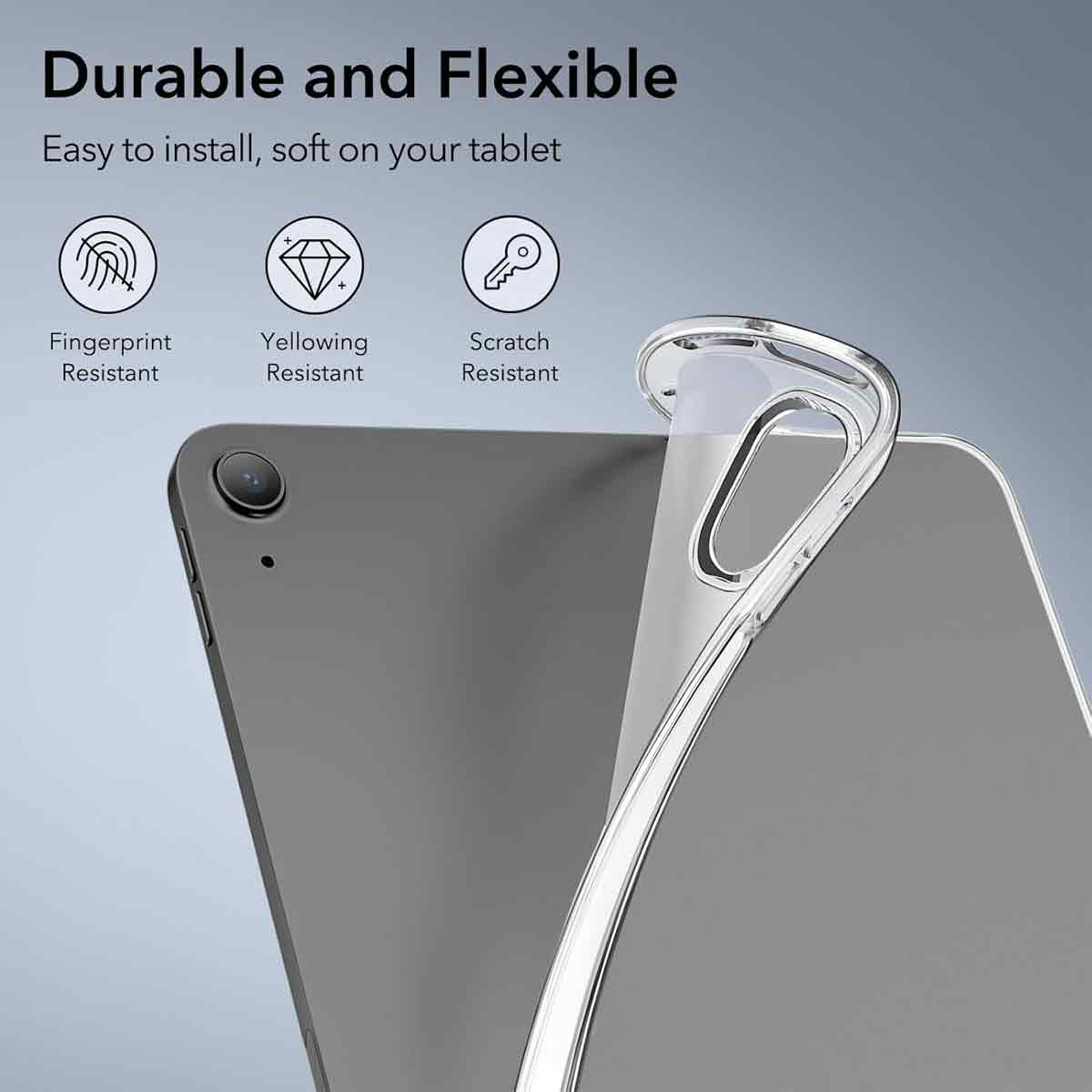 Ein Tablet mit einer transparenten Schutzhülle. Oben steht 'Durable and Flexible'. Symbole zeigen Fingerabdruck-, Vergilbungs- und Kratzfestigkeit.
