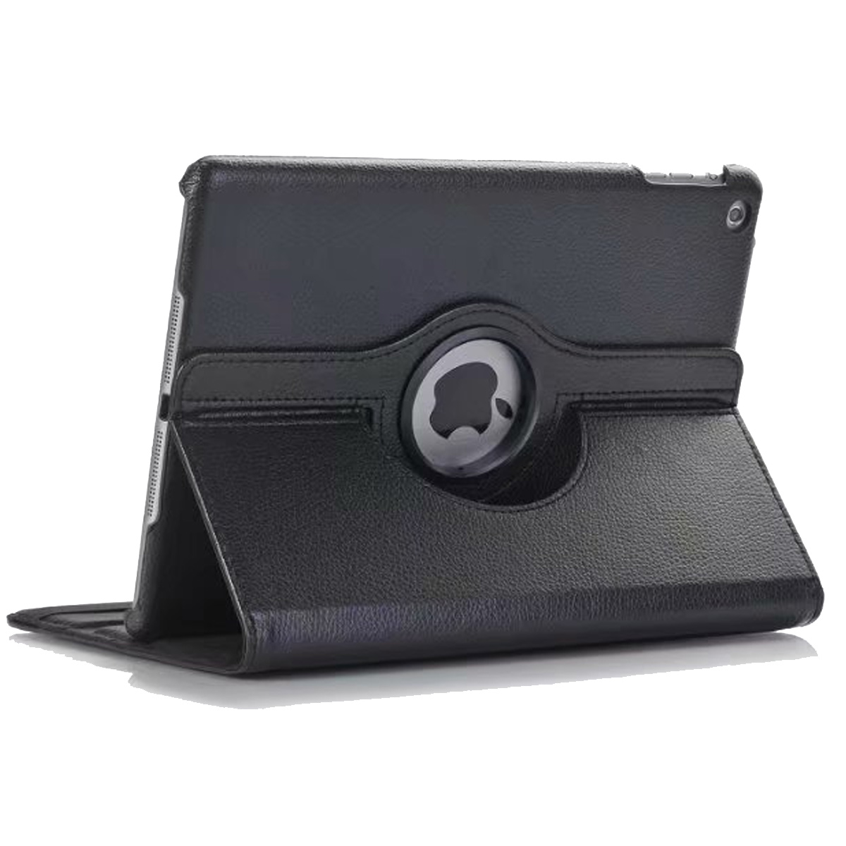 Eine schwarze Leder-iPad-Hülle. Die Hülle hat einen drehbaren Ständer und einen Ausschnitt für das Apple-Logo.