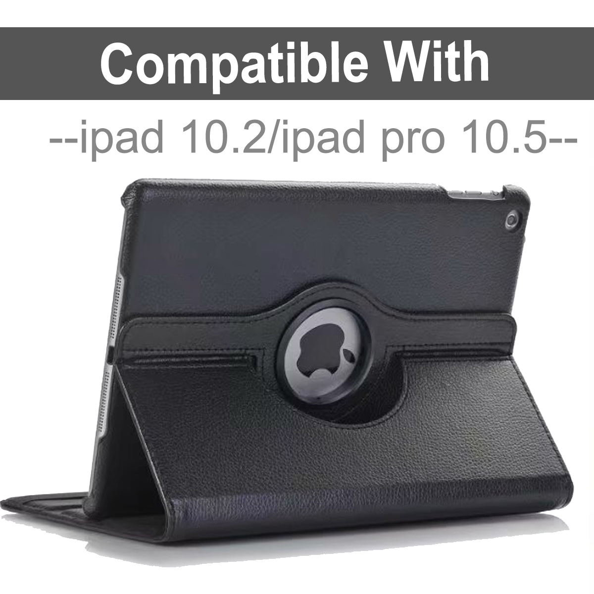 Schwarze iPad-Hülle mit drehbarem Ständer, kompatibel mit iPad 10.2 und iPad Pro 10.5. Das Apple-Logo ist sichtbar.