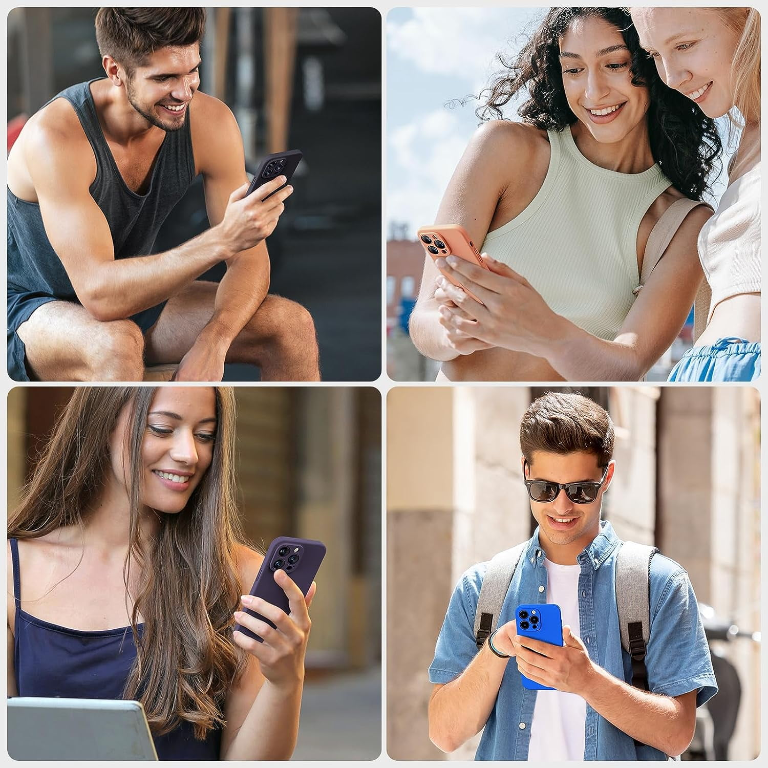 Vier Personen schauen auf Smartphones. Einer ist im Fitnessstudio, zwei im Freien und einer in einer Gasse. Sie alle lächeln.
