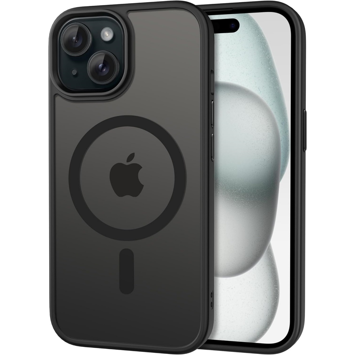 Schwarzes iPhone mit Schutzhülle. Die Hülle hat einen Magnetkreis und das Apple-Logo. Der Bildschirm ist rechts sichtbar.