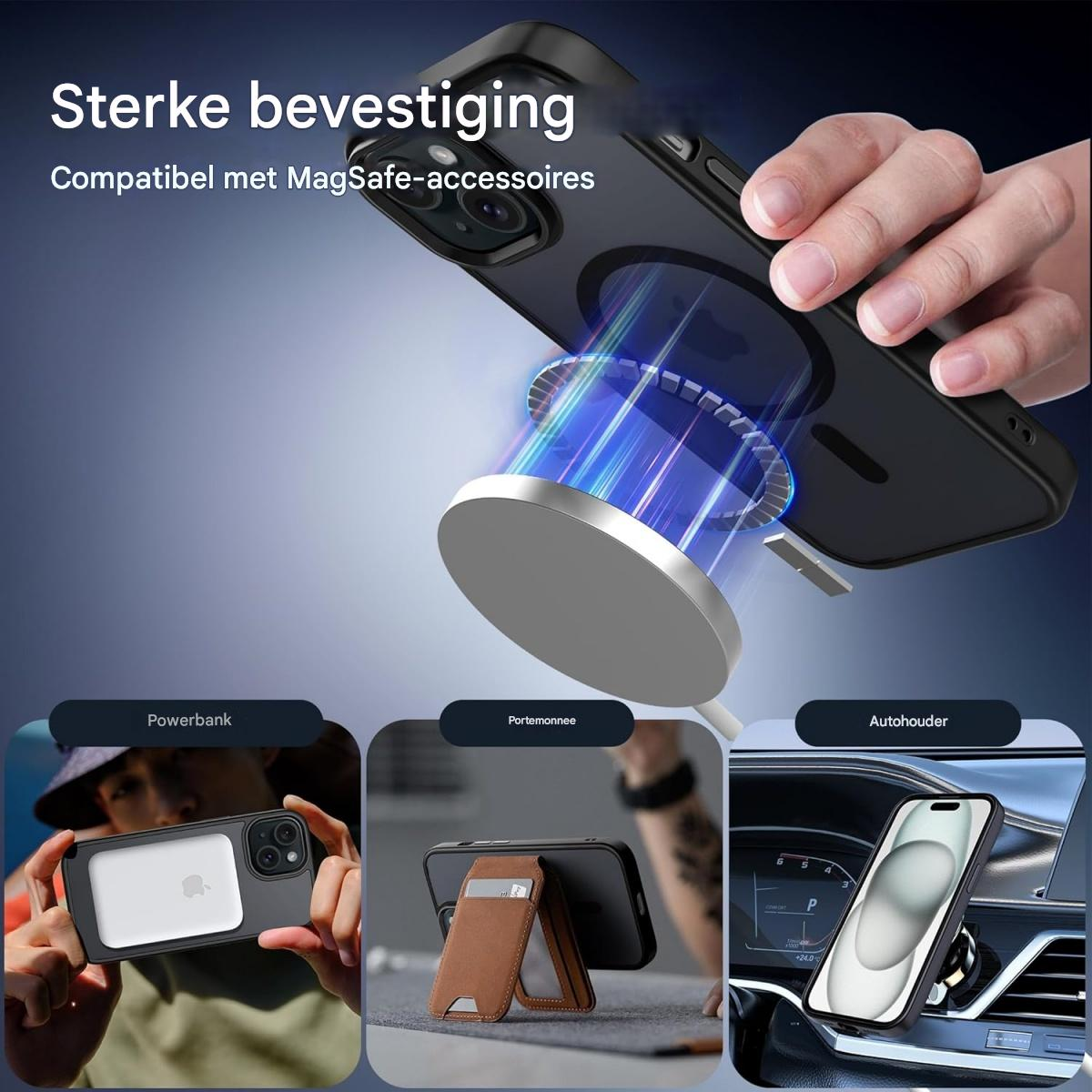 Eine Handyhülle wird magnetisch an ein Ladegerät befestigt. Zusätzliche Bilder zeigen eine Powerbank, eine Geldbörse und einen Autohalter.