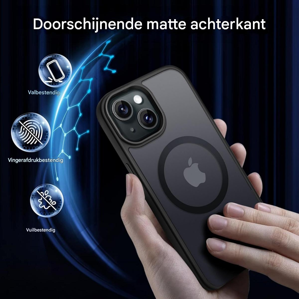 Eine Hand hält eine schwarze Handyhülle. Die Hülle hat eine transparente Rückseite und ein Apple-Logo. Text erwähnt Funktionen wie sturzsicher und fingerabdruckresistent.
