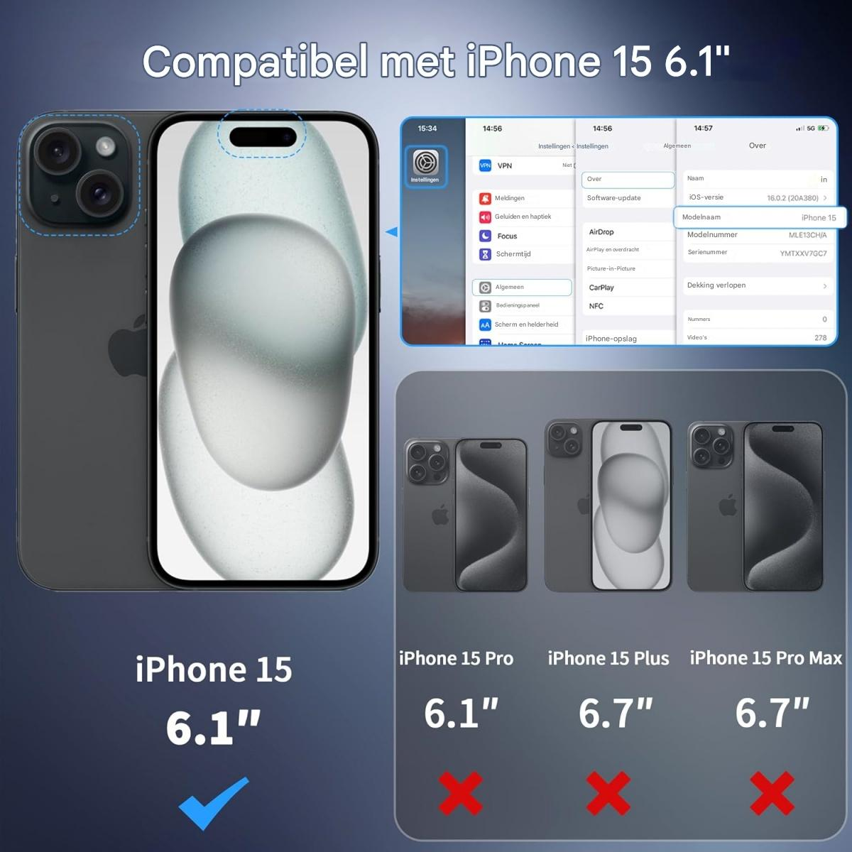Das Bild zeigt die Kompatibilität des iPhone 15, mit einem Telefon und iOS-Einstellungen. Andere Modelle mit roten X.