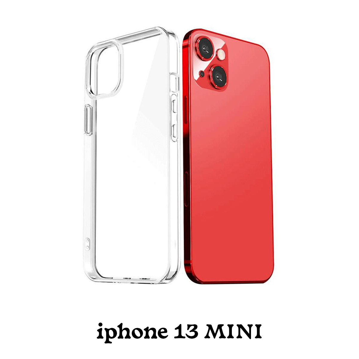 Ein rotes iPhone 13 Mini mit einer durchsichtigen Hülle. Das Telefon befindet sich auf weißem Hintergrund. Text 'iphone 13 MINI' am Boden.