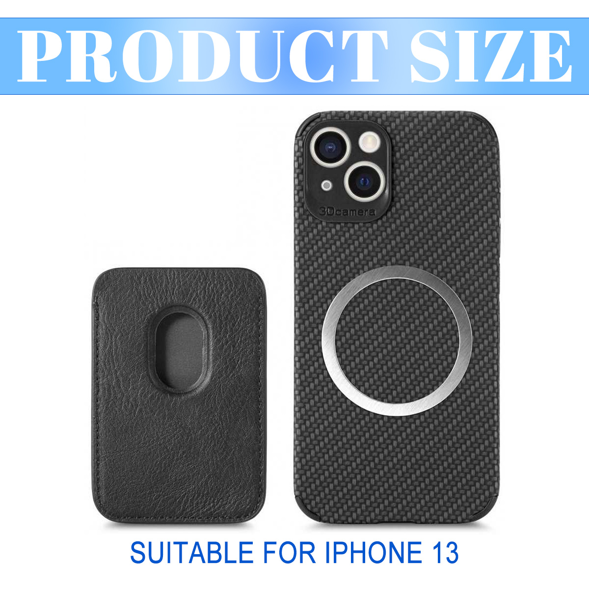 Das Bild zeigt eine schwarze Handyhülle und einen Kartenhalter. Die Handyhülle hat einen Kameraausschnitt und einen silbernen Ring. Text sagt 'PRODUCT SIZE' und 'SUITABLE FOR IPHONE 13'.