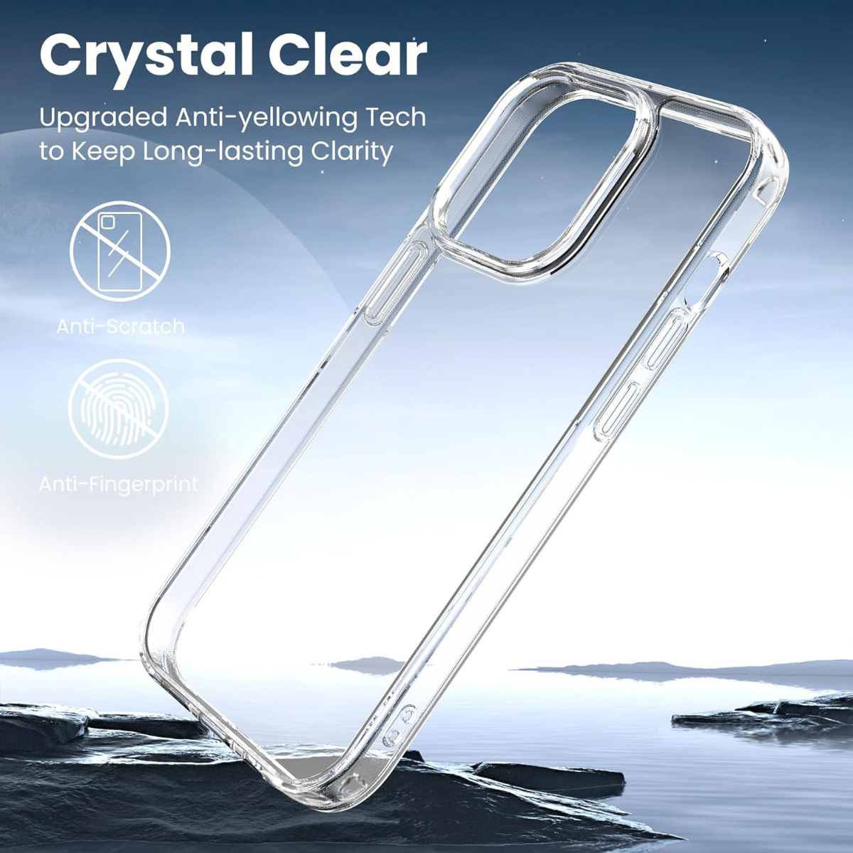 Eine transparente Handyhülle wird vor einem verschwommenen blauen Hintergrund gezeigt. Text: 'Crystal Clear' und 'Anti-Scratch'.