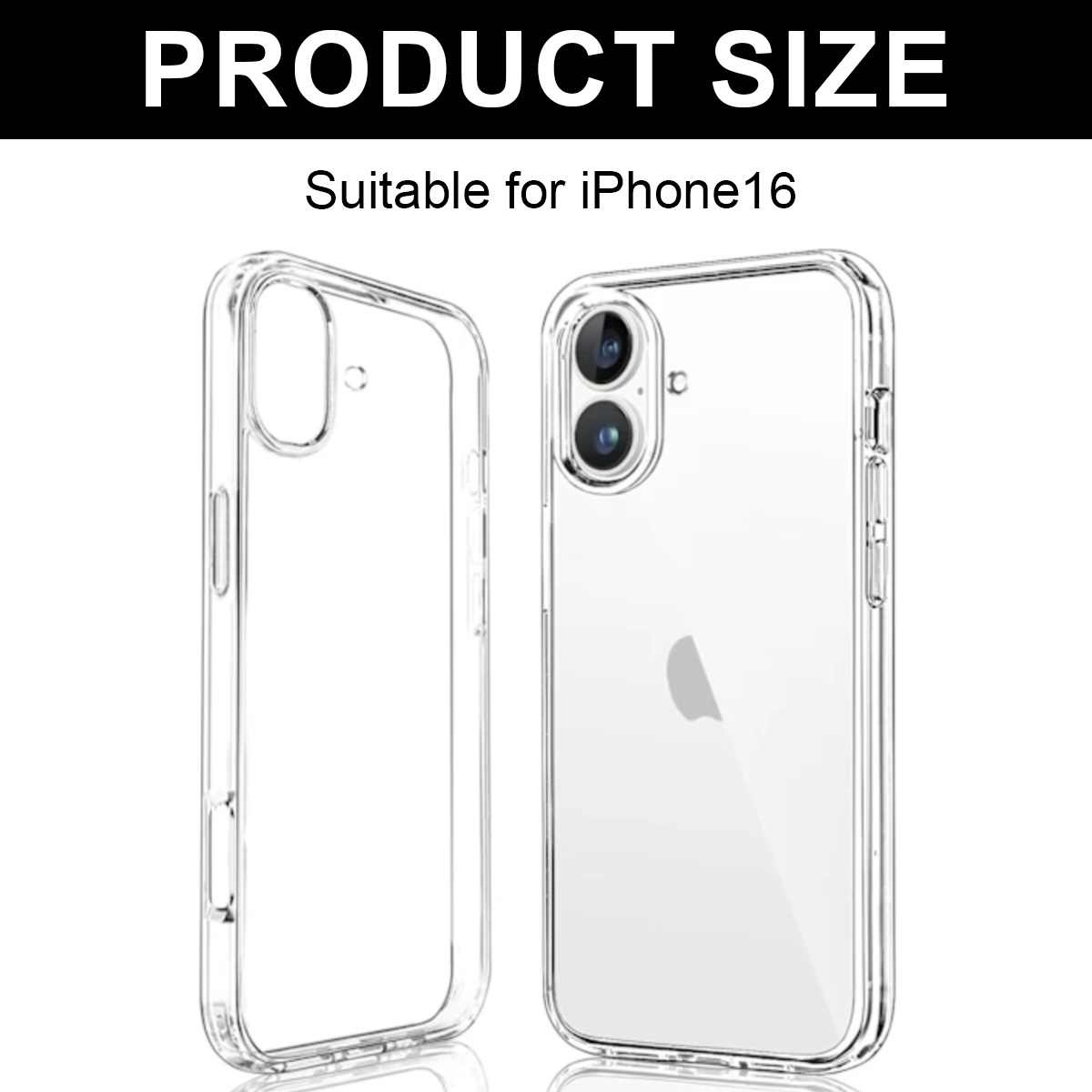 Zwei transparente Handyhüllen für ein iPhone16, vor weißem Hintergrund. Die Hüllen sind leer und durchsichtig.