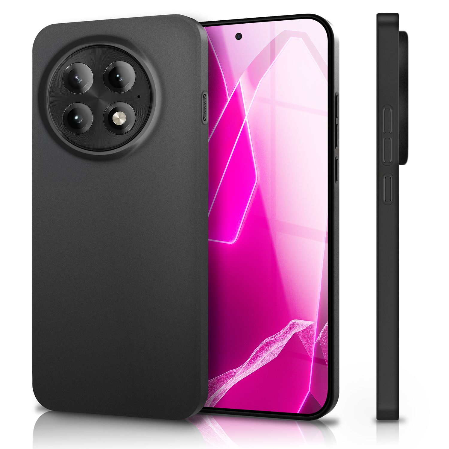 Schwarze Handyhülle mit Kameralinsen, ein Handy mit pinkfarbenem Bildschirm, und eine Seitenansicht der Hülle.