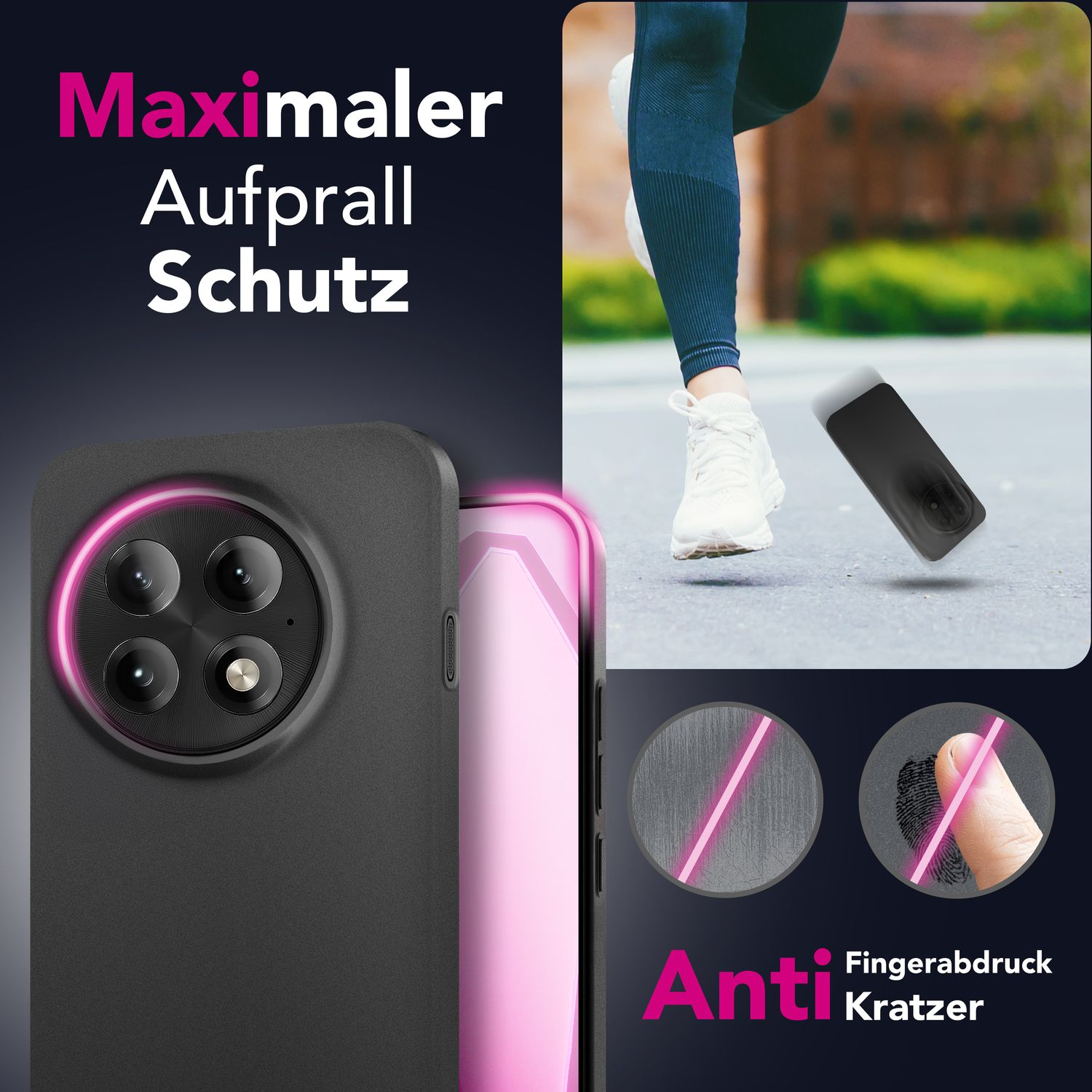 Das Bild zeigt eine Handyhülle, eine Person, die rennt, und Text. Die Hülle ist schwarz mit rosa Akzenten. Der Text lautet 'Maximaler Aufprall Schutz'.