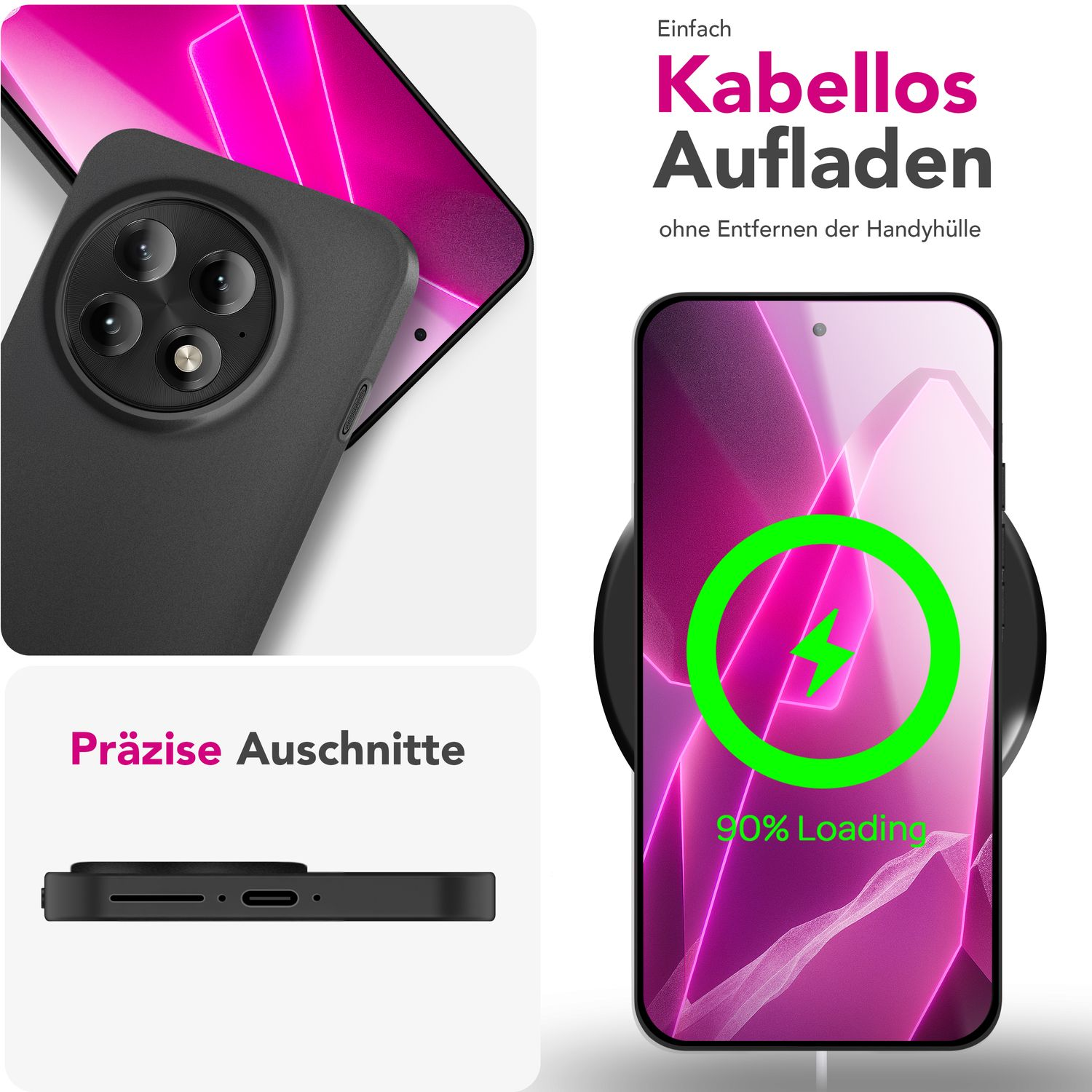 Ein Telefon, das kabellos geladen wird. Das Telefon zeigt 90 % Ladevorgang an. Eine Handyhülle ist ebenfalls sichtbar. Text: Kabelloses Laden.
