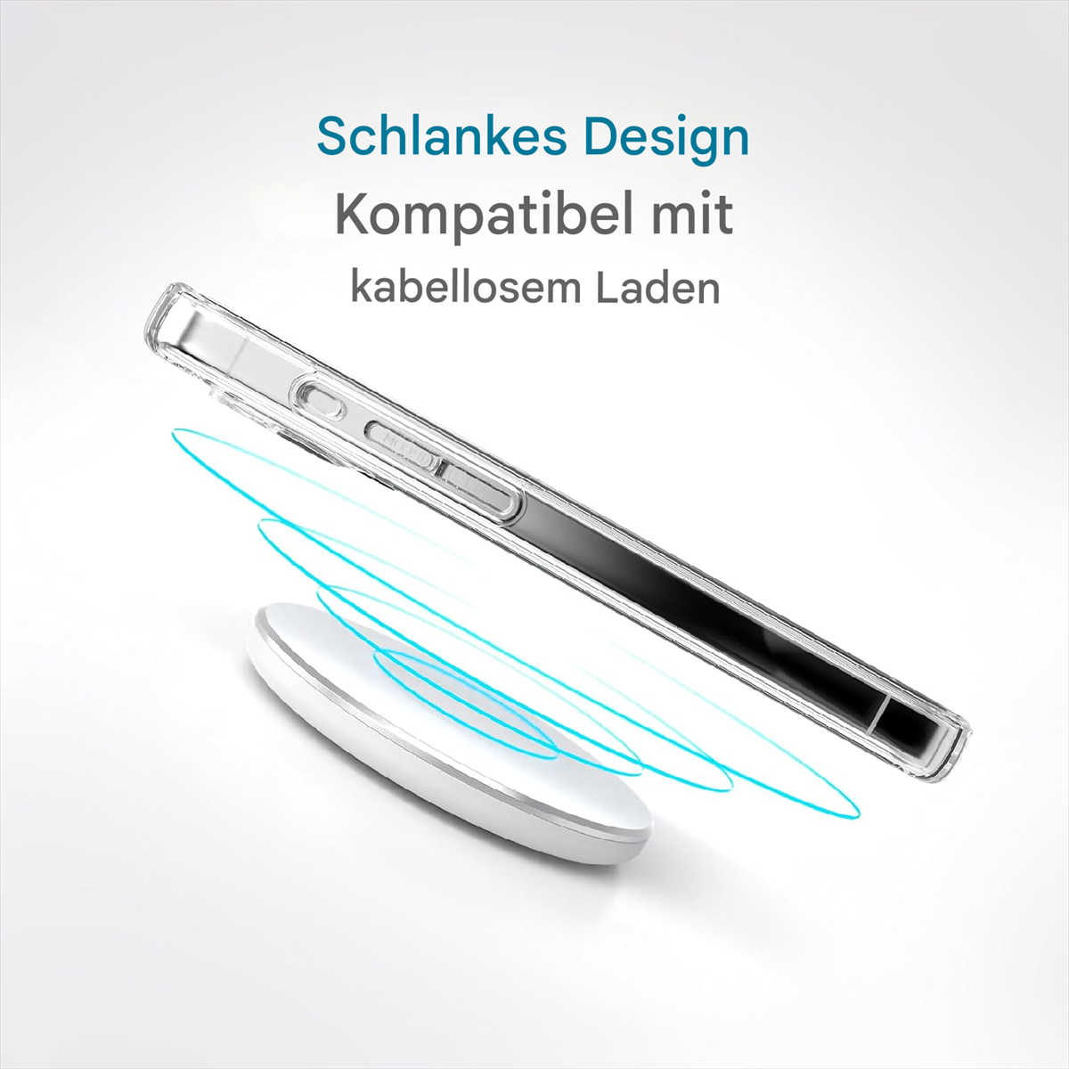 Eine transparente Handyhülle wird mit einem weißen kabellosen Ladegerät gezeigt. Die Hülle befindet sich über dem Ladegerät mit blauen Linien dazwischen.