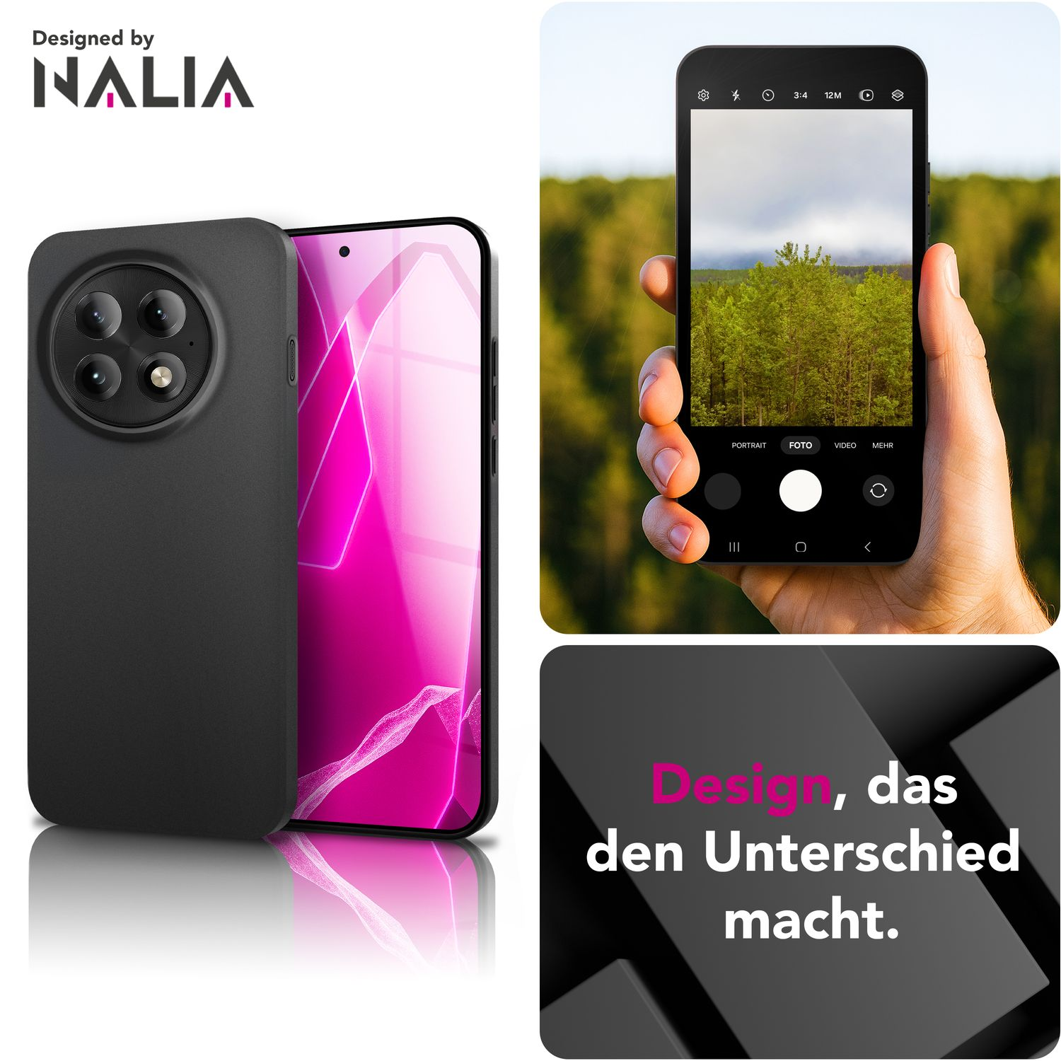Das Bild zeigt ein Telefon mit schwarzem Gehäuse, eine Person, die ein Telefon hält und Fotos von Bäumen macht, und Text auf Deutsch.