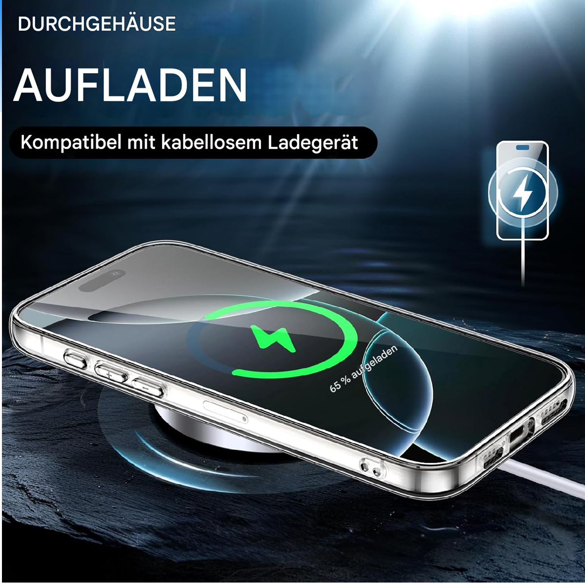 Ein Telefon wird drahtlos auf einem Pad aufgeladen. Der Bildschirm zeigt ein Ladesymbol mit 65 % geladen. Text: Kompatibel mit kabellosem Ladegerät.