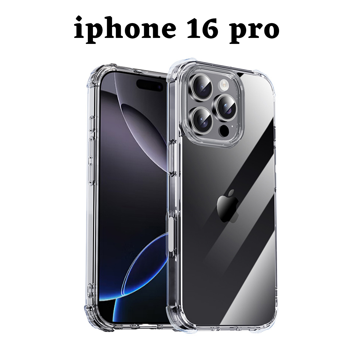 Transparente iPhone 16 Pro Hülle. Telefon innen. Apple-Logo auf der Rückseite. Vier Kameralinsen sichtbar. Das Telefon ist auf weißem Hintergrund.
