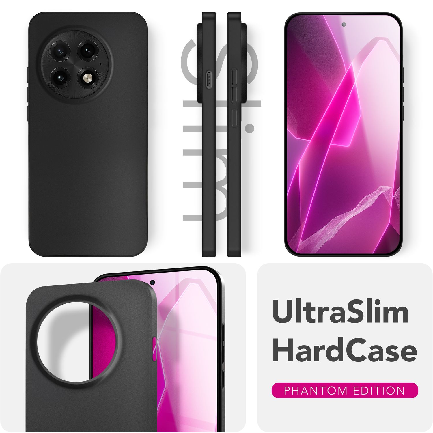 Ein Handycase und ein Handy werden angezeigt. Das Case ist schwarz, mit einem Ausschnitt für die Kamera. Der Bildschirm zeigt ein rosa Design.