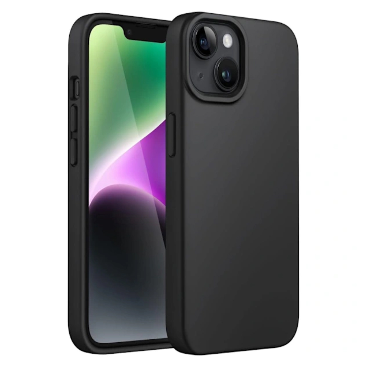 Zwei schwarze Smartphones, eines in einer Hülle. Der Bildschirm eines Telefons ist sichtbar und zeigt einen grünen und lila Farbverlauf.