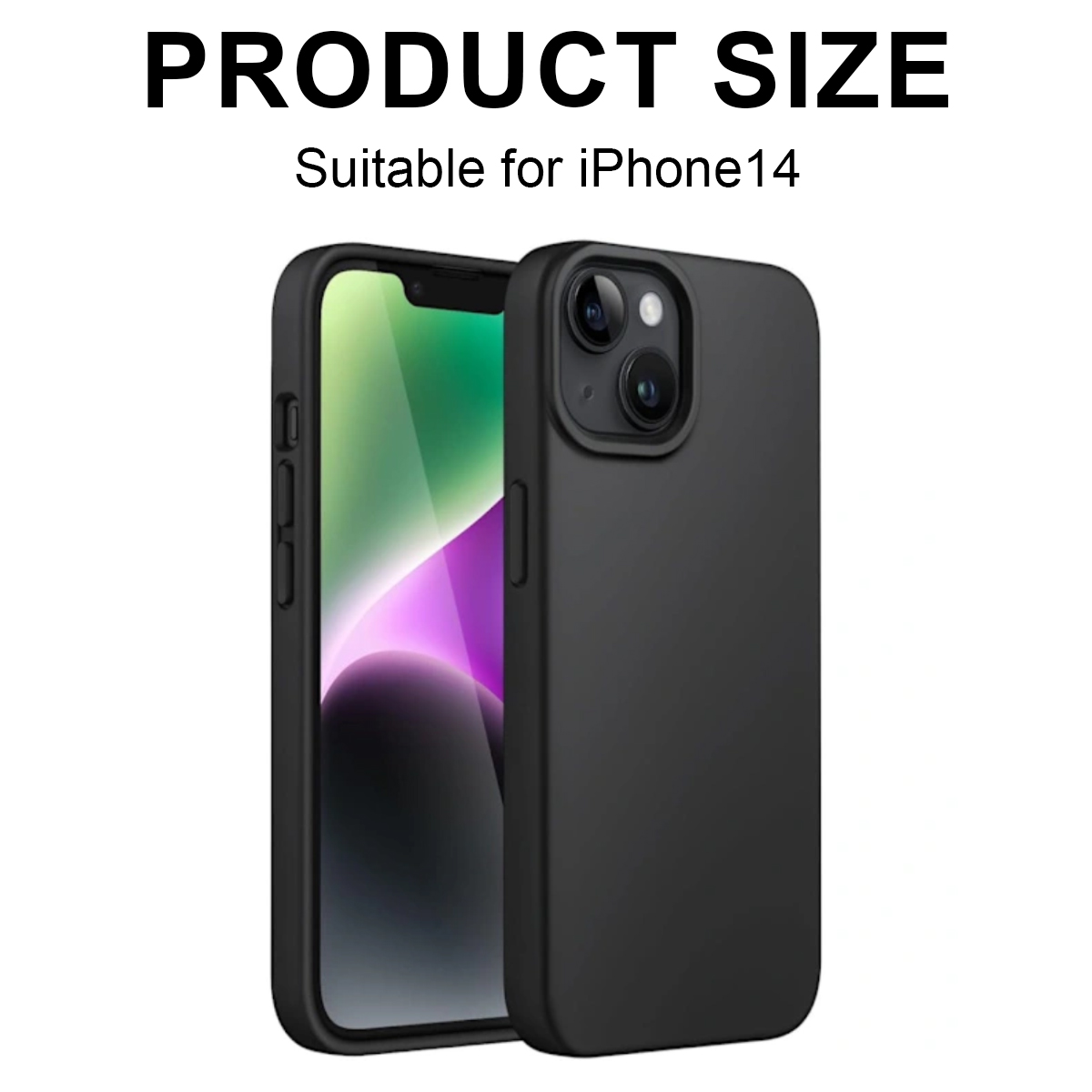 Schwarze Handyhülle für iPhone 14. Text: 'PRODUCT SIZE Suitable for iPhone14'. Das Telefon hat einen grünen Bildschirm.