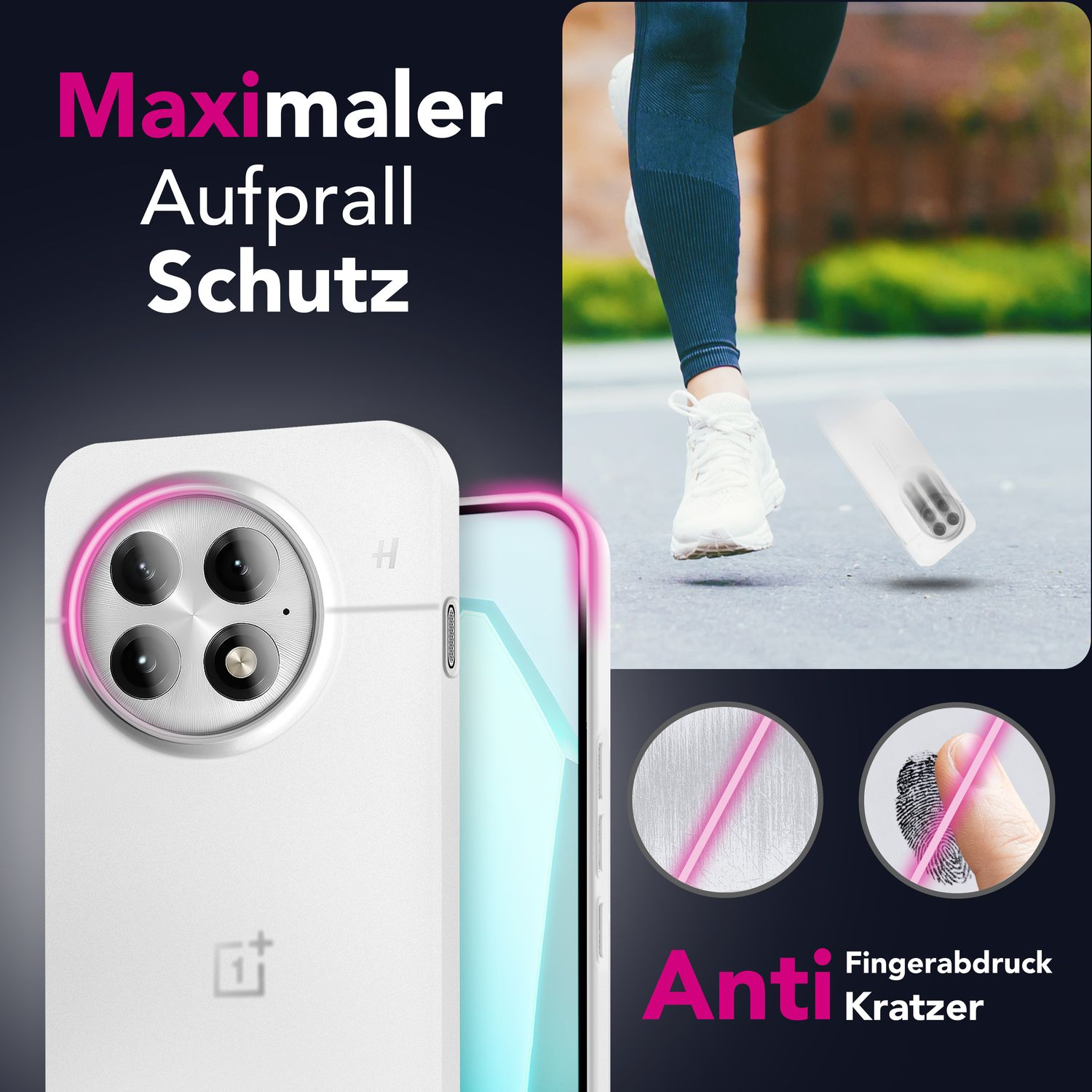 Das Bild zeigt eine weiße Handyhülle mit dem Wort 'Anti' und 'Fingerabdruck Kratzer'. Im Hintergrund läuft eine Person.
