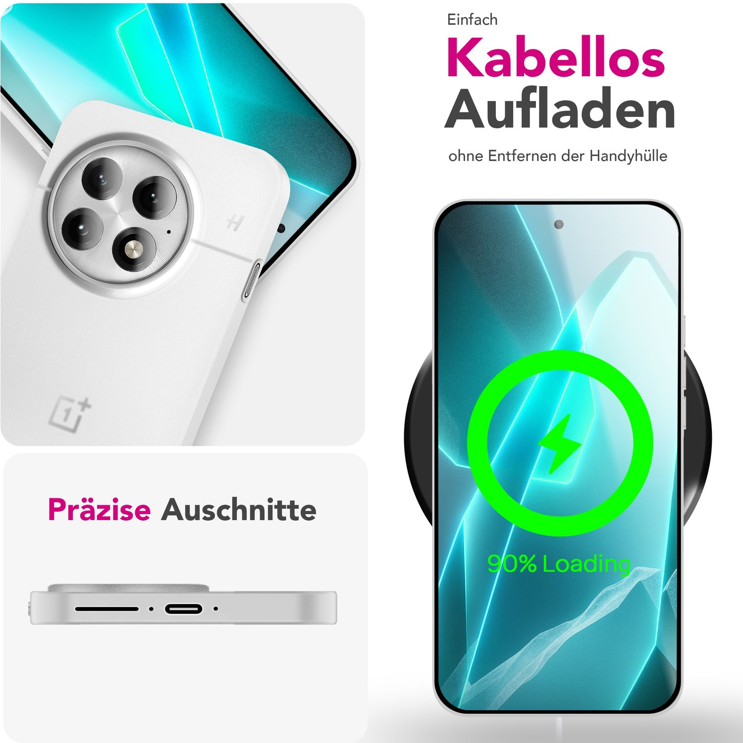 Ein Telefon, das drahtlos aufgeladen wird und 90 % Ladevorgang anzeigt. Das Telefon befindet sich in einer weißen Hülle.