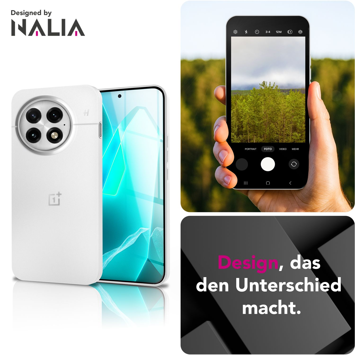 Das Bild zeigt ein Telefon mit weißer Hülle, ein Telefon, das eine Waldszene zeigt, und Text auf Deutsch: 'Design, das den Unterschied macht.'
