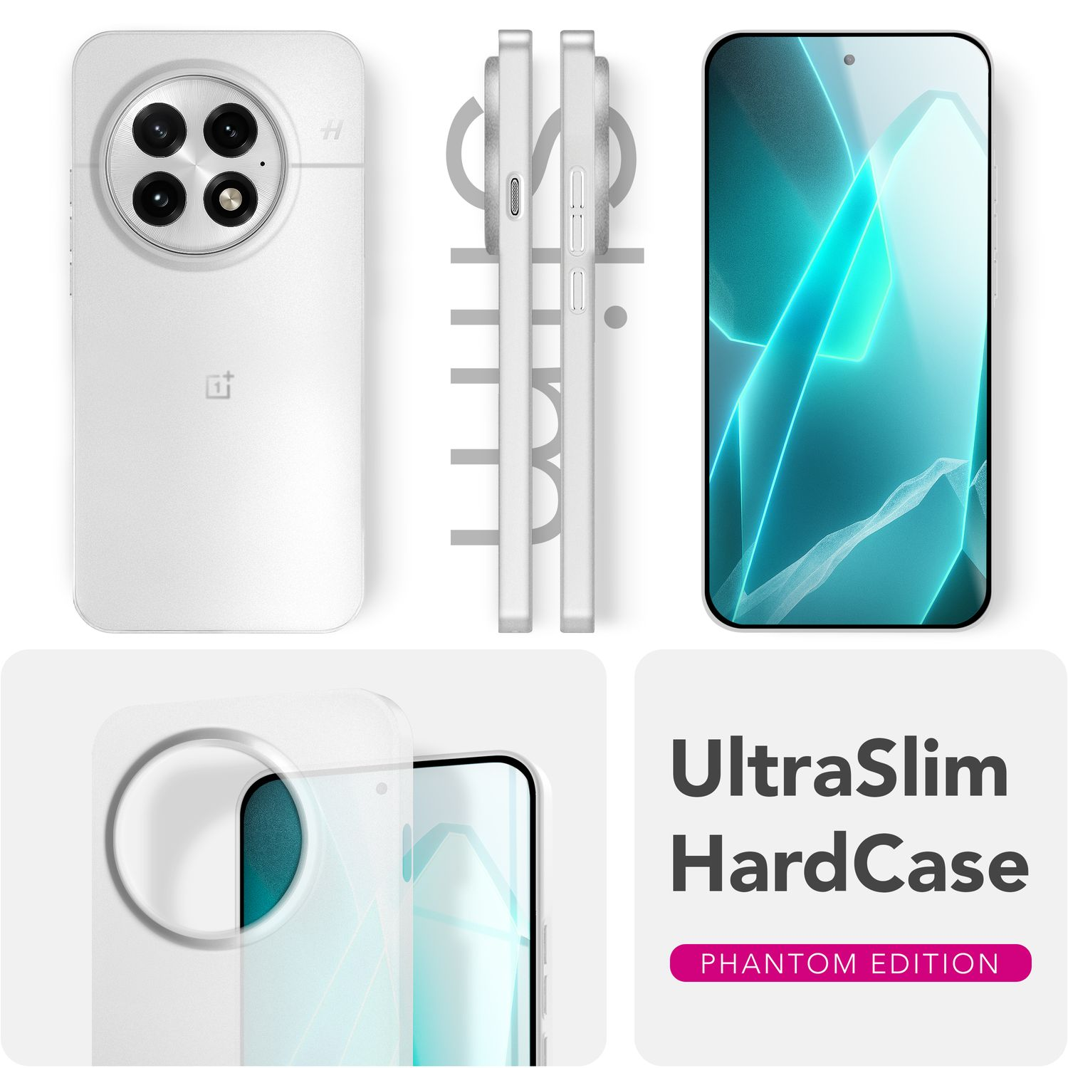 Eine weiße Handyhülle mit mehreren Ansichten. Das Telefon hat eine Kamerawölbung. Text: UltraSlim HardCase, Phantom Edition.