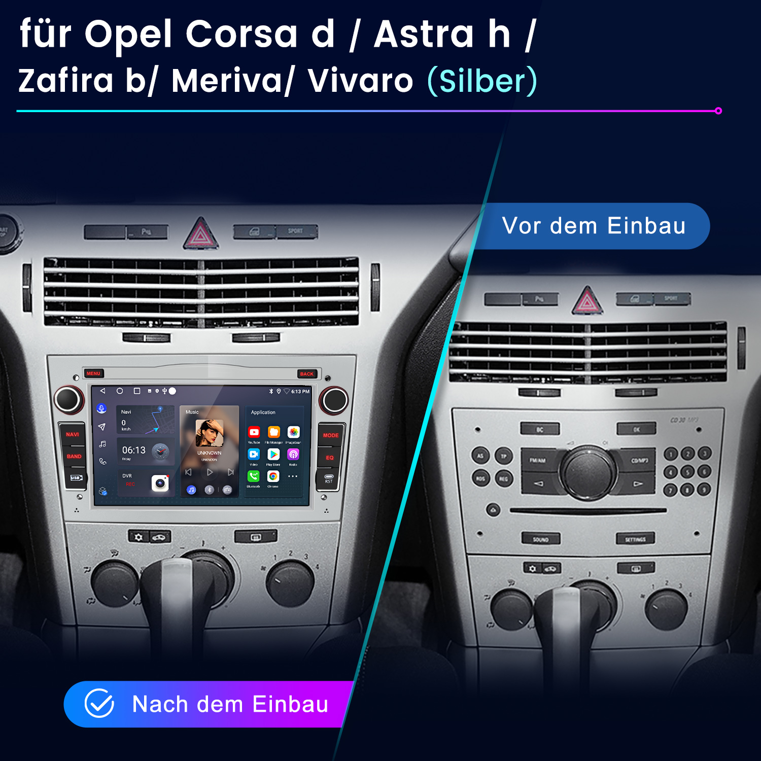 Vergleich des Armaturenbretts eines Autos vor und nach der Installation eines neuen Multimediasystems. Zeigt die Original- und eine verbesserte Konfiguration.