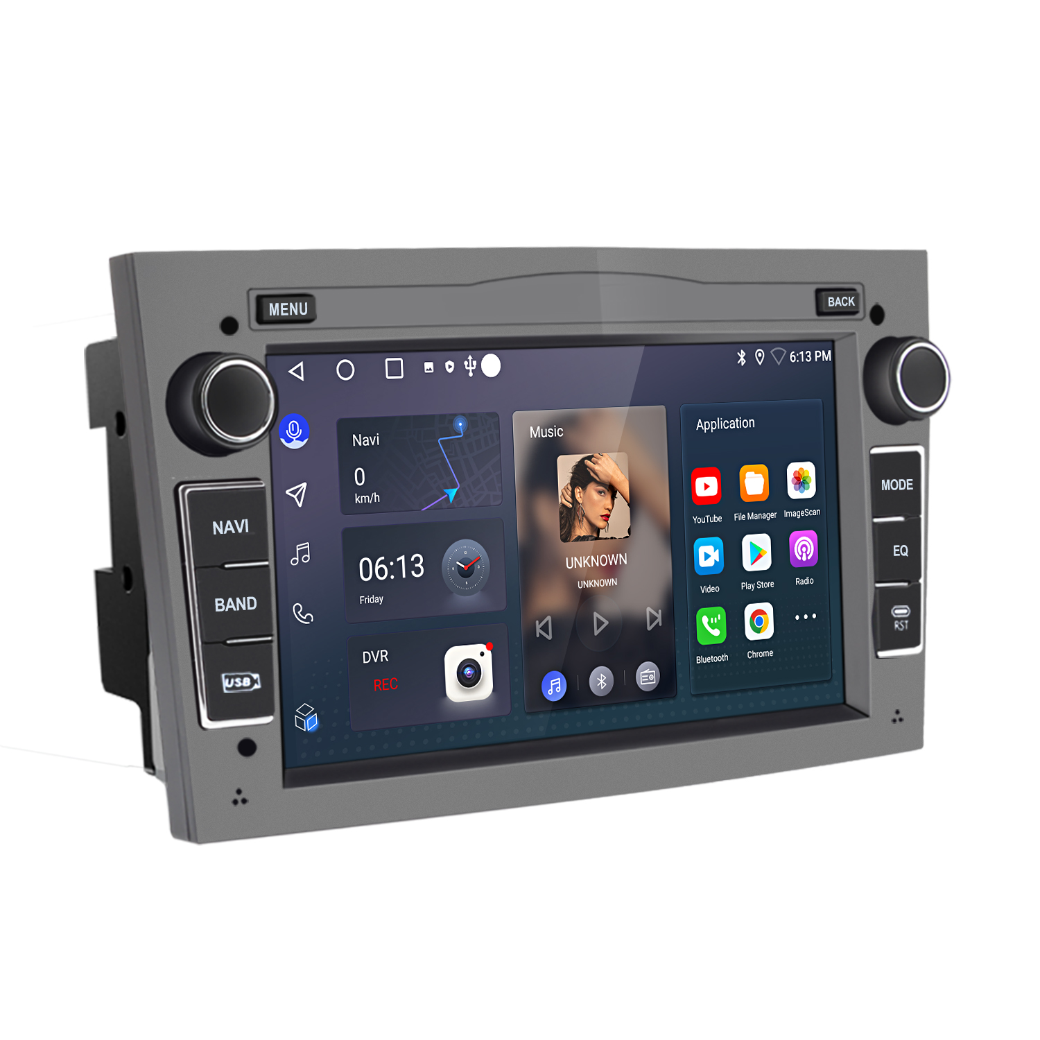 Samochodowy system multimedialny. Szara ramka z ekranem dotykowym. Pokazuje odtwarzacz muzyki, nawigację, czas i ikony aplikacji.