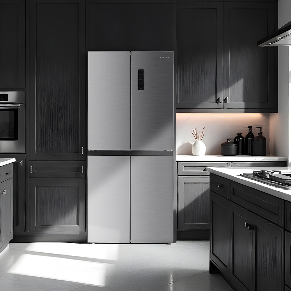 Cocina moderna con frigorífico de acero inoxidable. Armarios oscuros, encimeras blancas y suelo blanco completan la escena.