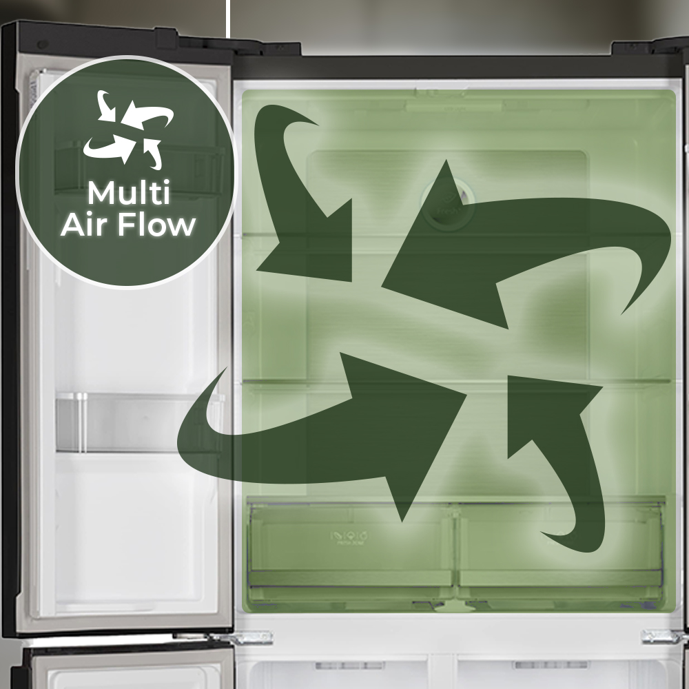 Refrigerador abierto mostrando flujo de aire. Flechas verdes circulan. Logotipo Multi Air Flow en la puerta izquierda.