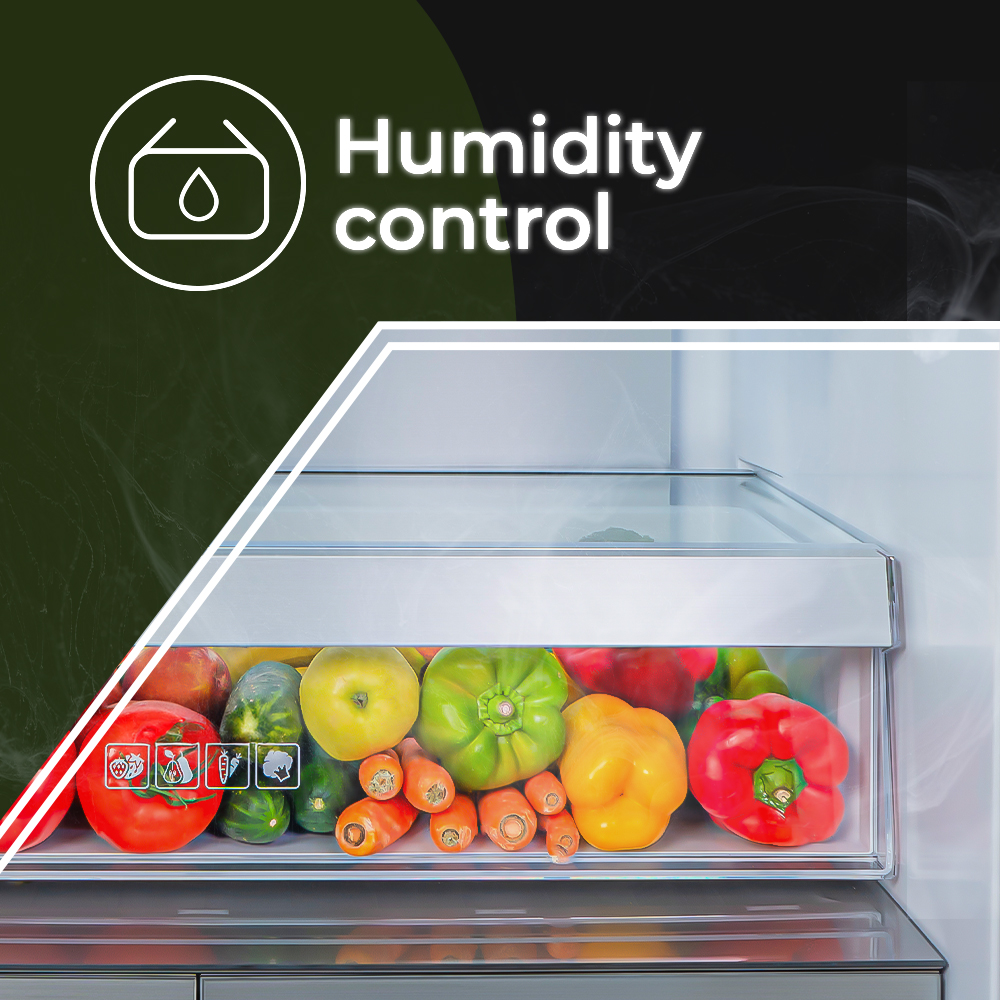 Cajón de nevera con verduras coloridas: tomates, pimientos, zanahorias, pepinos y manzanas. Se muestra el texto e icono de control de humedad.