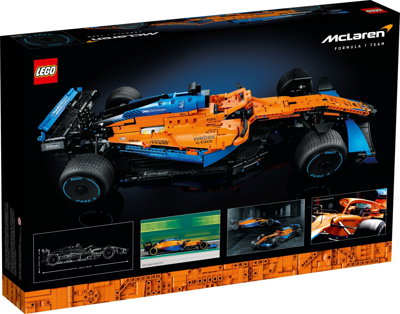 Eine LEGO McLaren Formel 1 Auto-Set-Box. Die Box zeigt ein orangefarbenes und blaues Auto mit Details der Sponsoren und einem Diagramm.