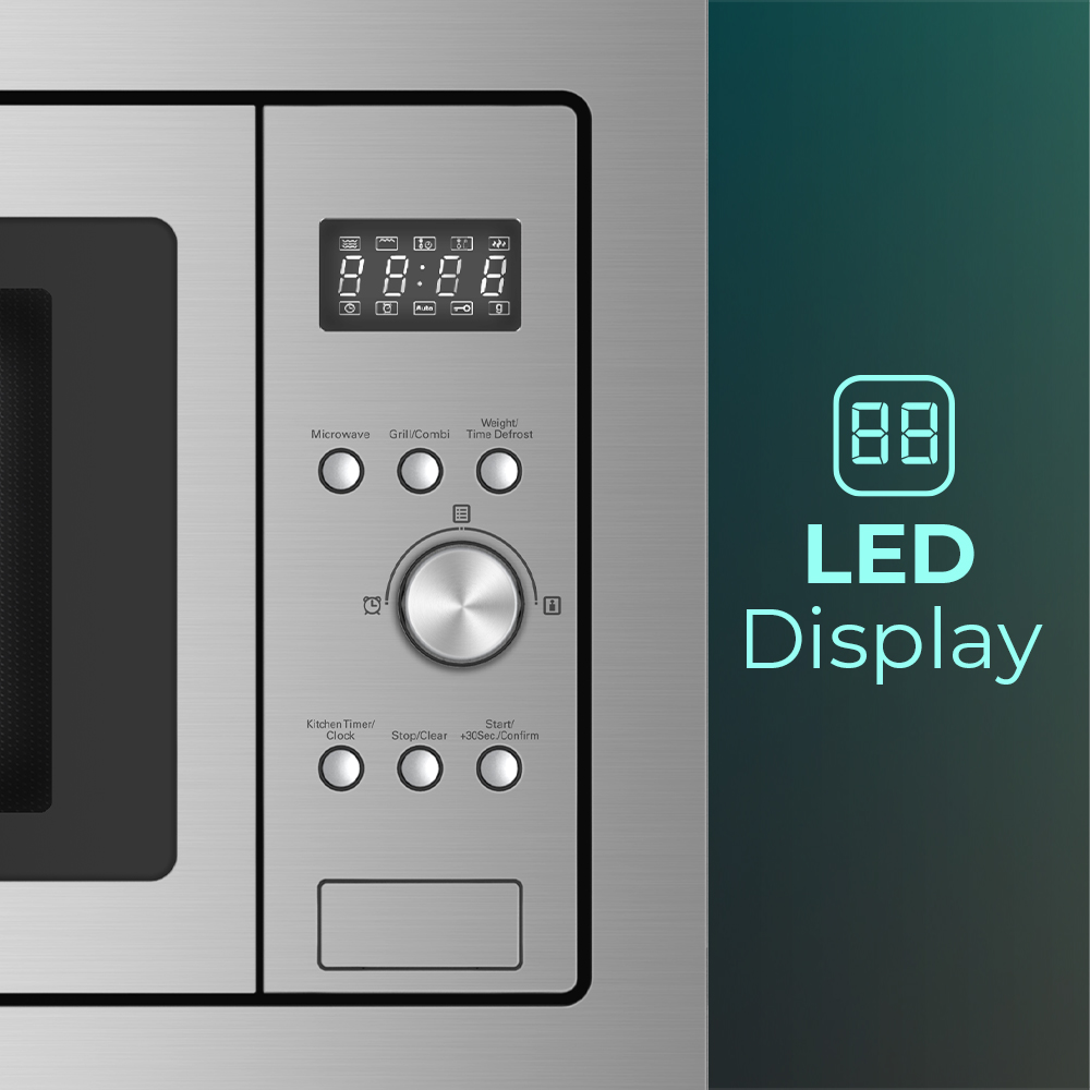 Primer plano de un microondas de acero inoxidable con pantalla LED que muestra 88:88 y botones de control.